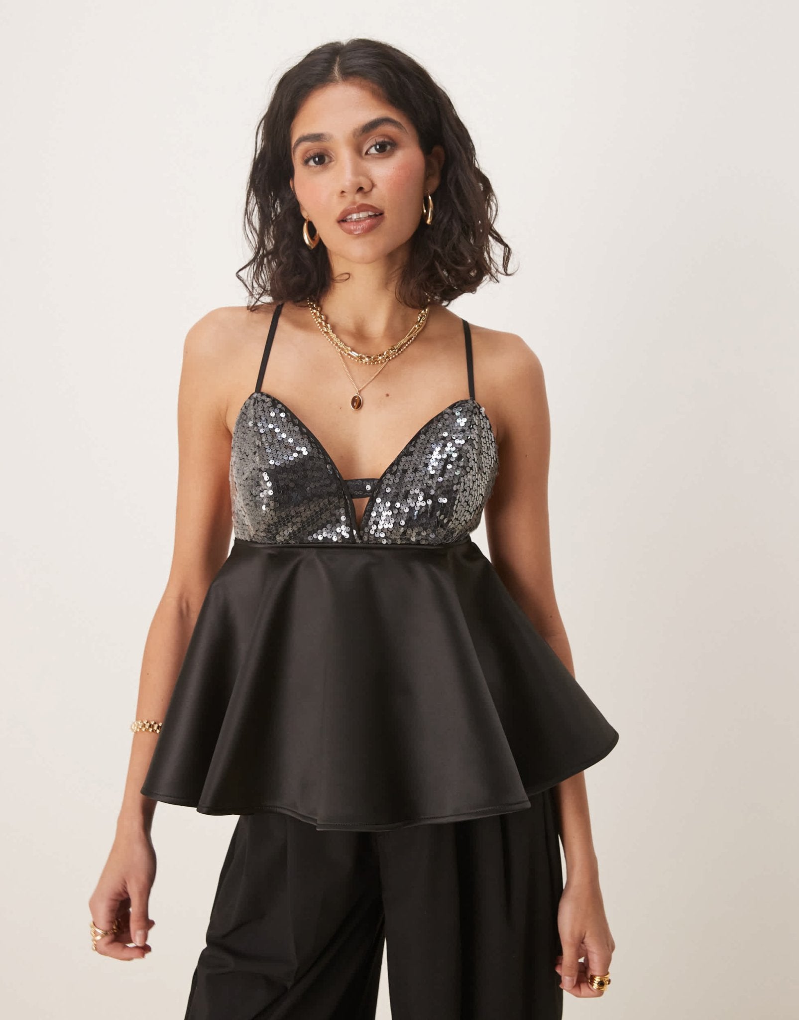ASOS DESIGN sequin bust with peplum cami top in black - ASOS Sample Sale