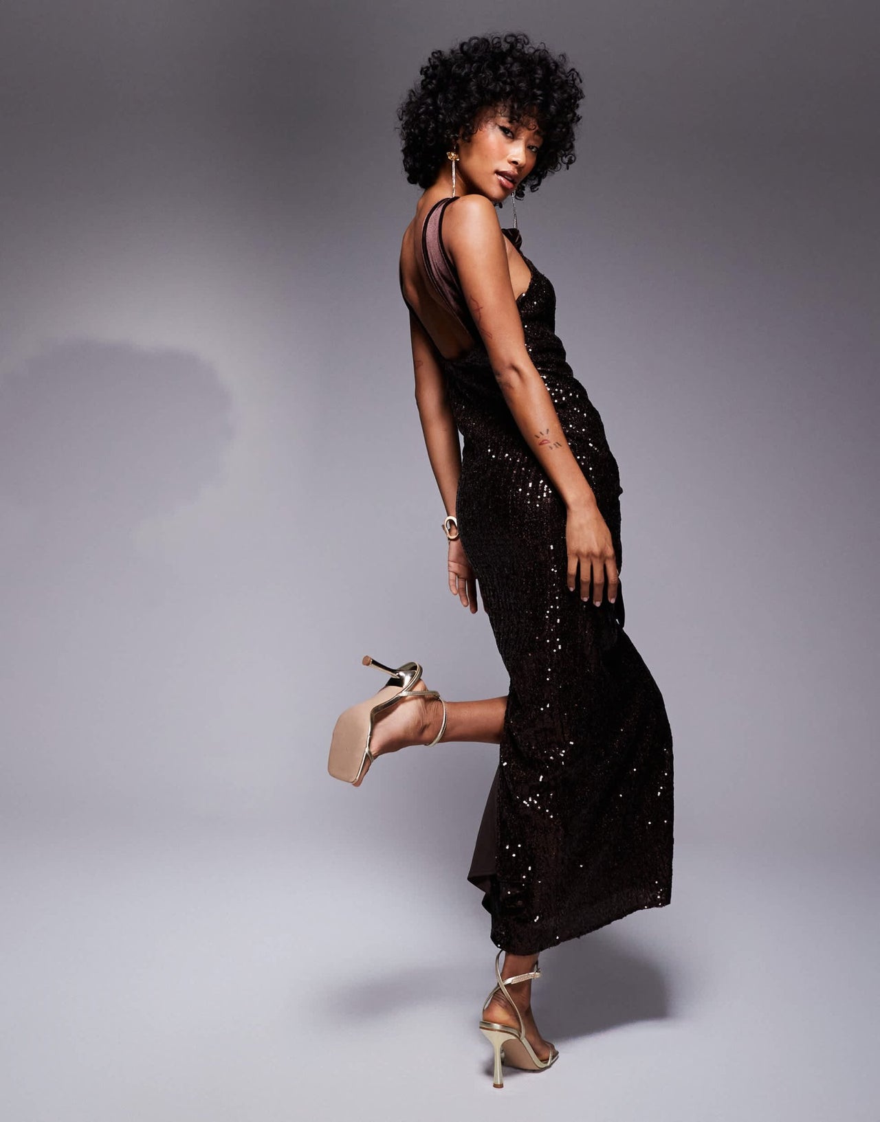 ASOS DESIGN sequin maxi dress with velvet bows in chocolate brown - ASOS Sample Sale
