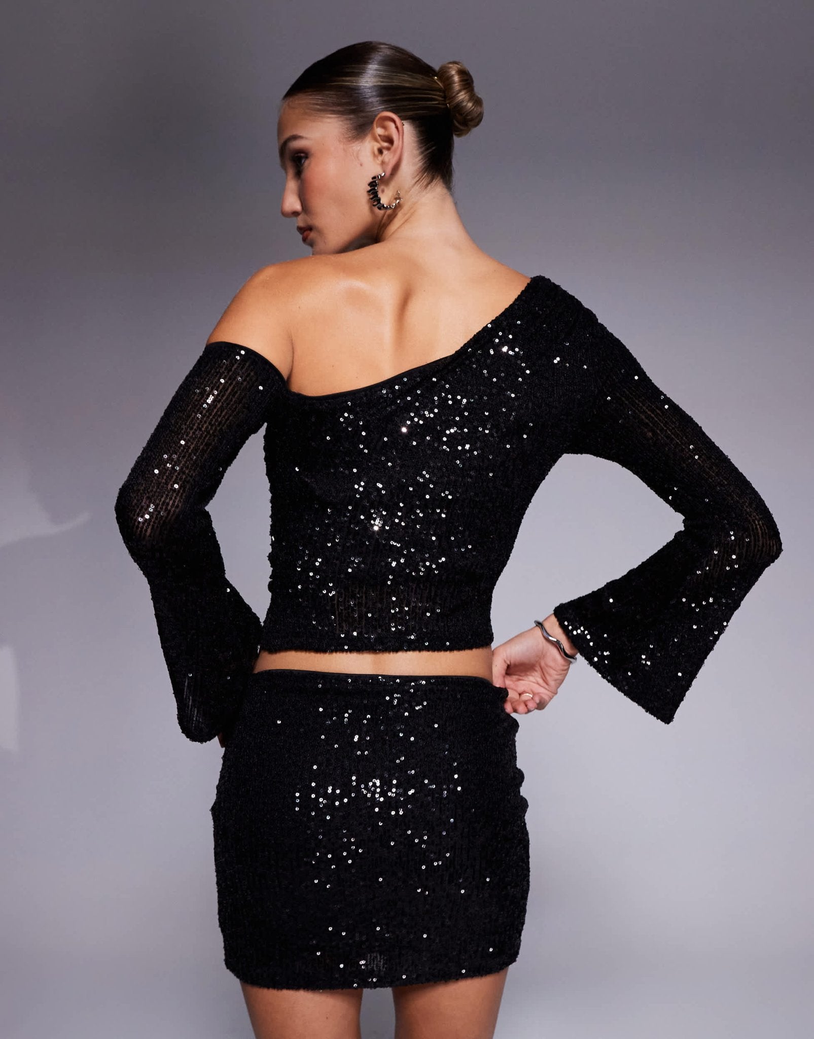 ASOS DESIGN sequin ruched asymmetric neck top in black - ASOS Sample Sale