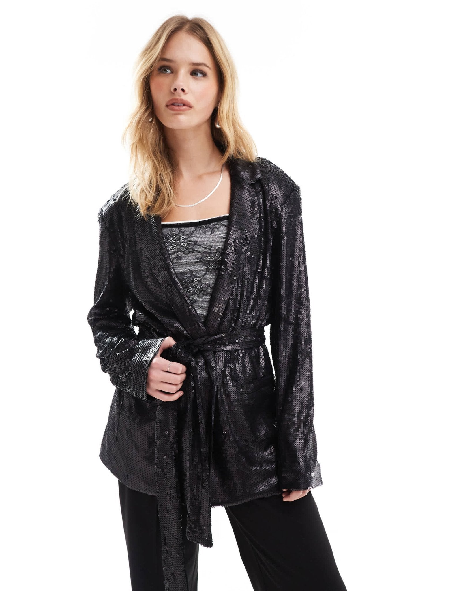 ASOS DESIGN sequin tie waist blazer in black - ASOS Sample Sale