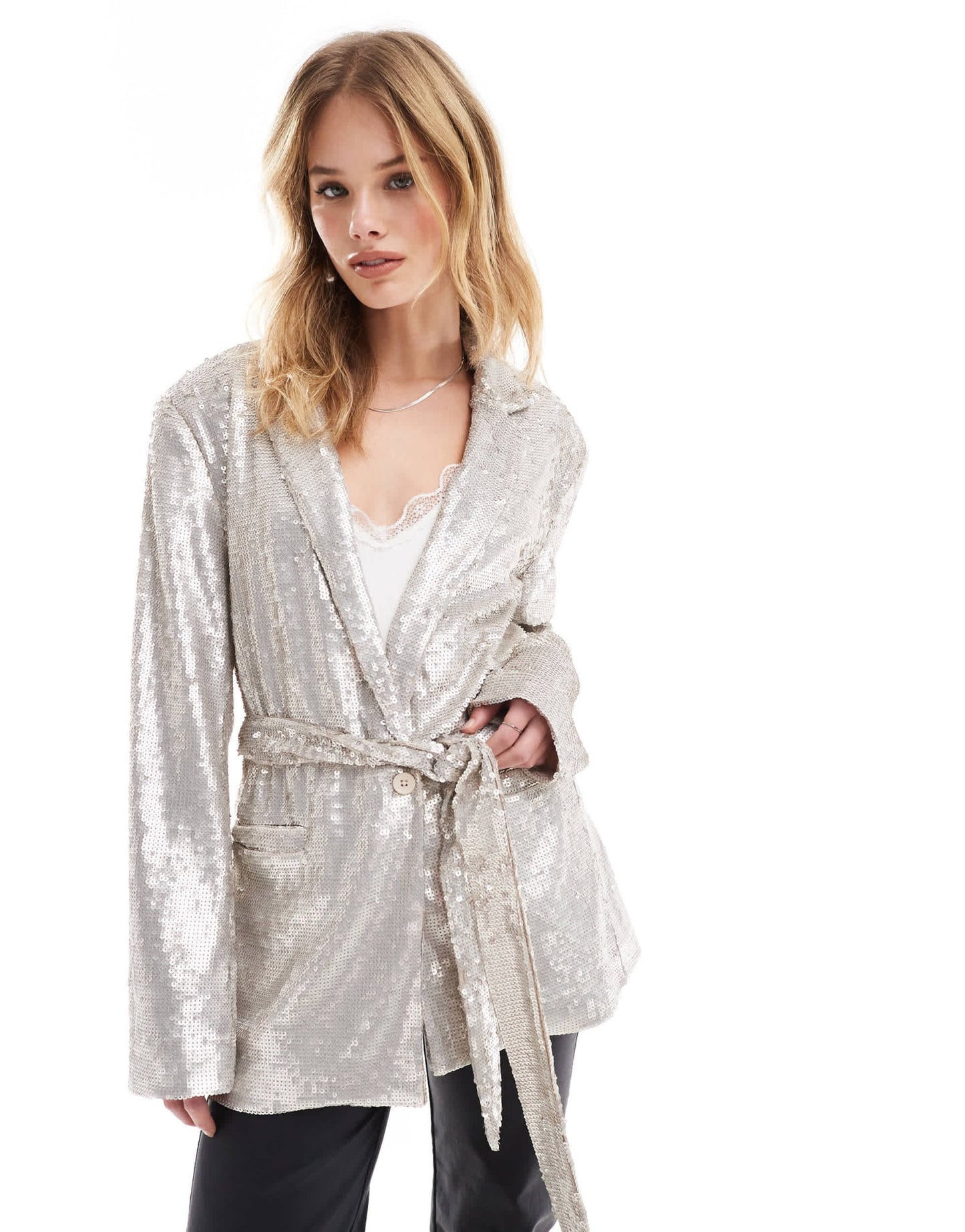 ASOS DESIGN sequin tie waist blazer in cream - ASOS Sample Sale