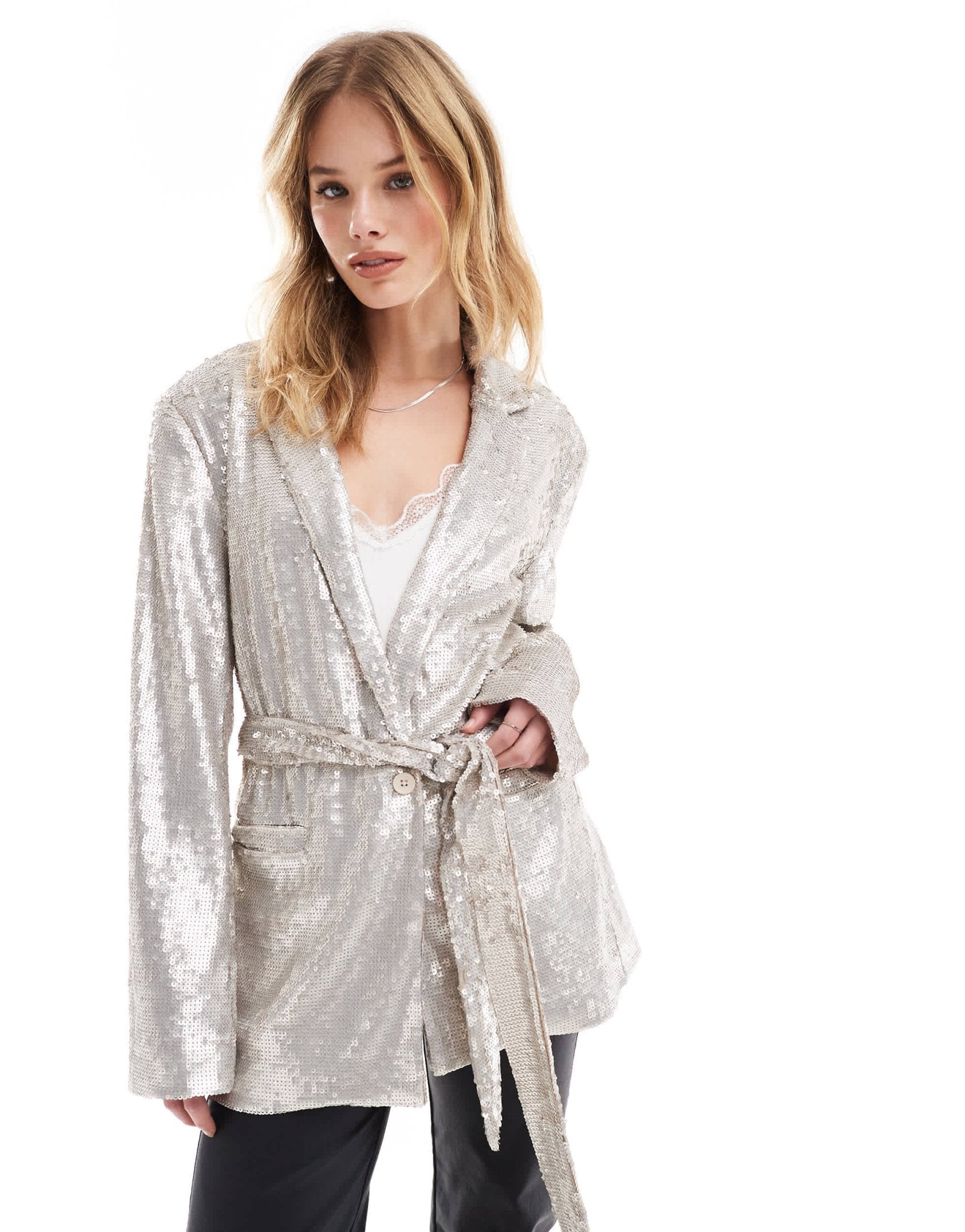 ASOS DESIGN sequin tie waist blazer in cream - ASOS Sample Sale