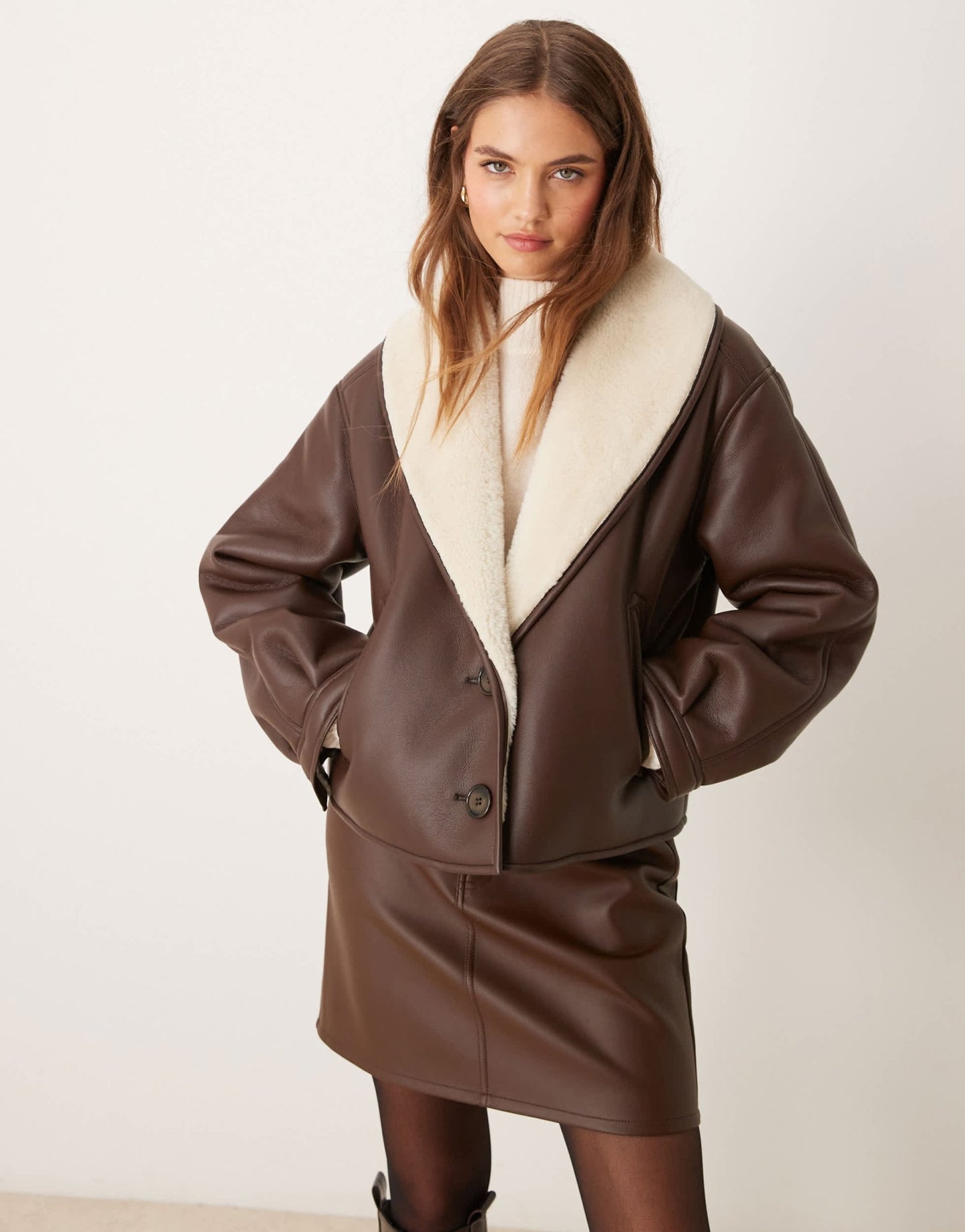 ASOS DESIGN shawl collar cropped shearling jacket in brown - ASOS Sample Sale