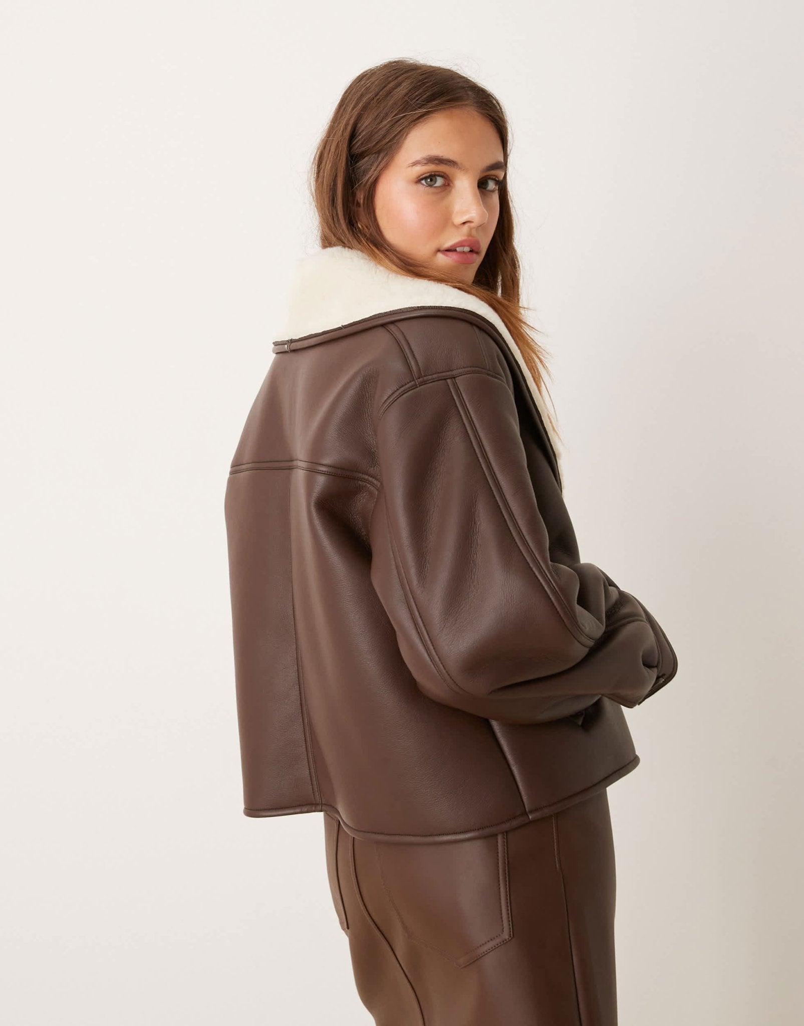 ASOS DESIGN shawl collar cropped shearling jacket in brown - ASOS Sample Sale