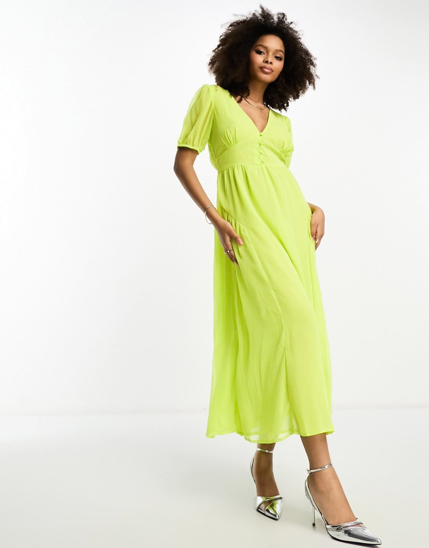 ASOS DESIGN sheer chiffon button midi tea dress with godet side detail in acid green - ASOS Sample Sale