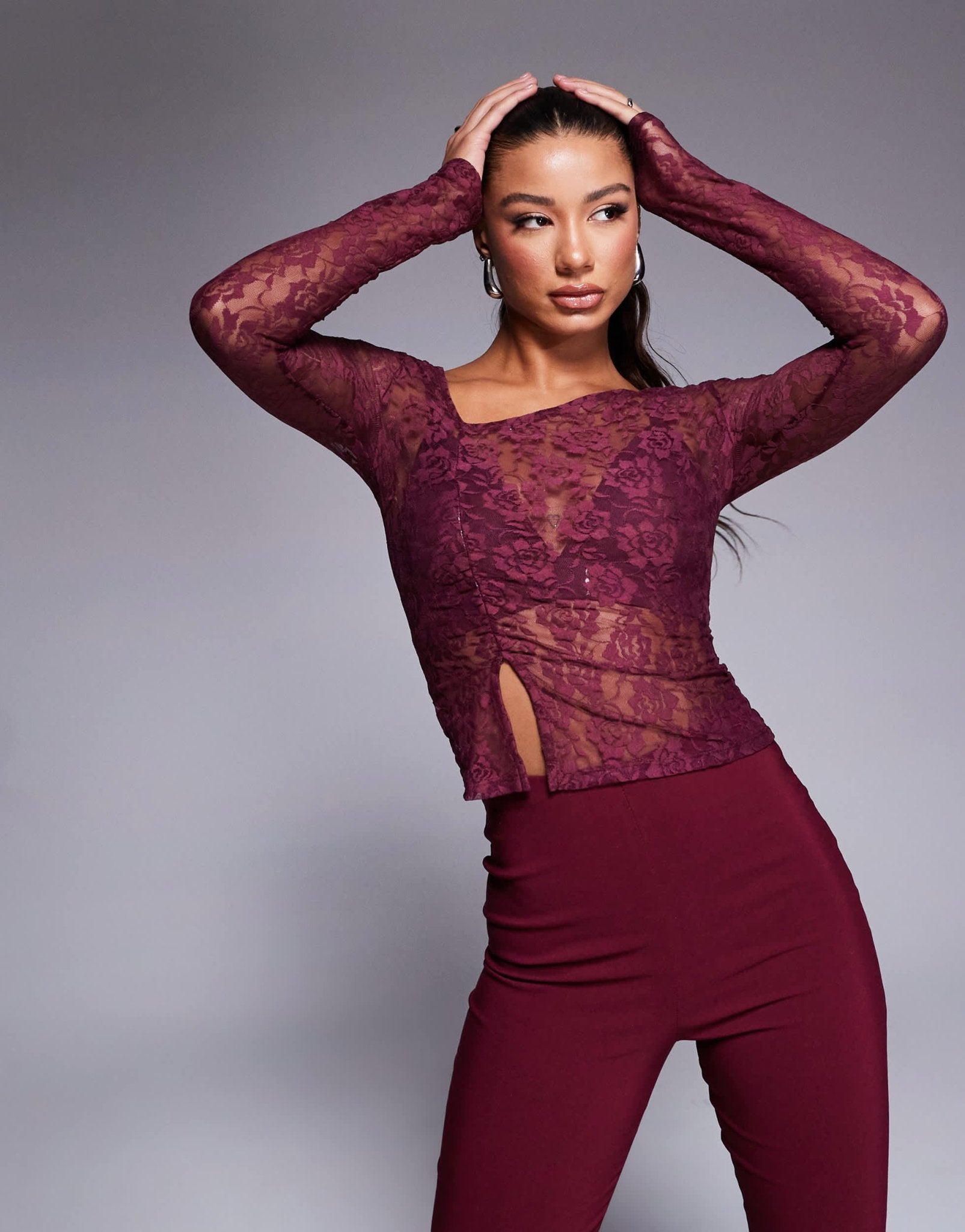 ASOS DESIGN sheer lace asymmetric top in burgundy - ASOS Sample Sale