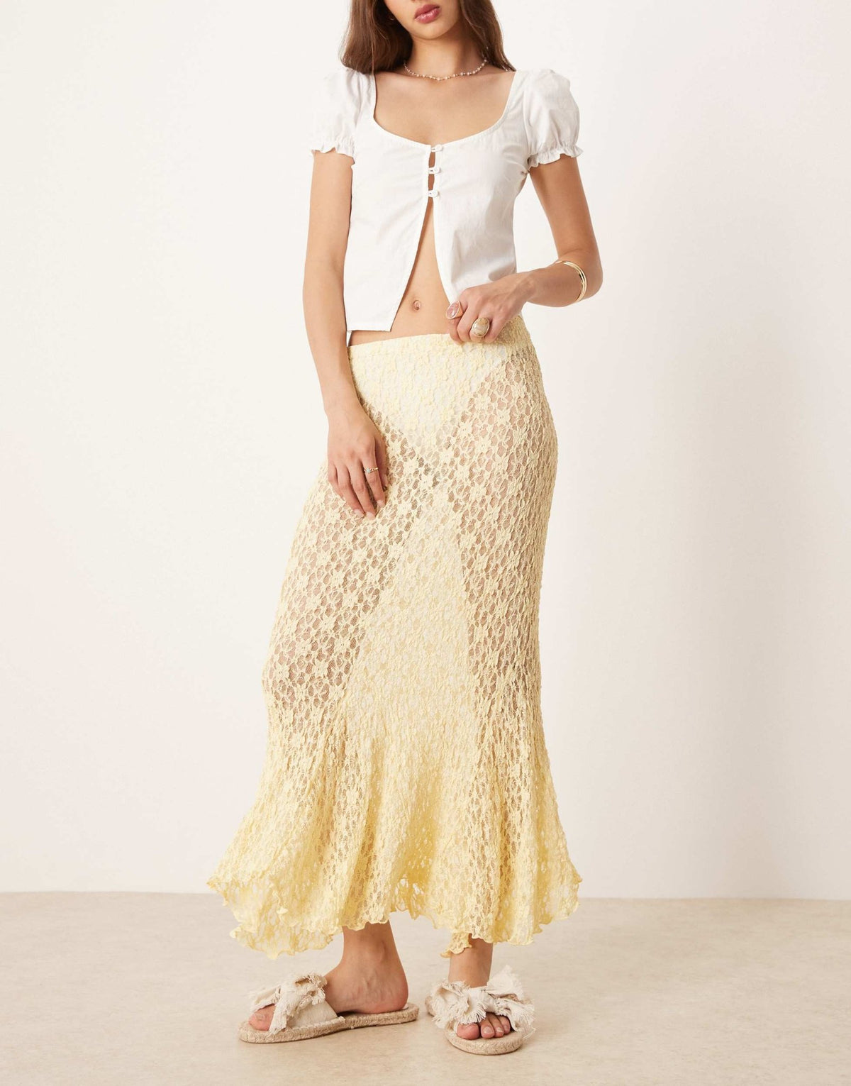 ASOS DESIGN sheer lace midi skirt with godet hem in buttermilk - ASOS Sample Sale