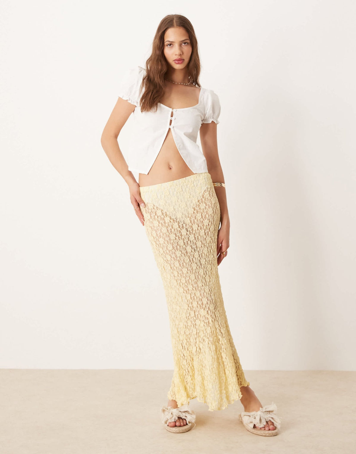 ASOS DESIGN sheer lace midi skirt with godet hem in buttermilk - ASOS Sample Sale