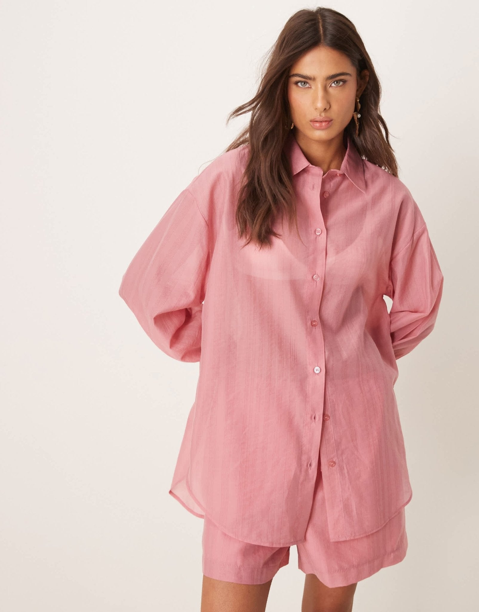 ASOS DESIGN sheer organza shirt with back tie detail co - ord in light pink - ASOS Sample Sale