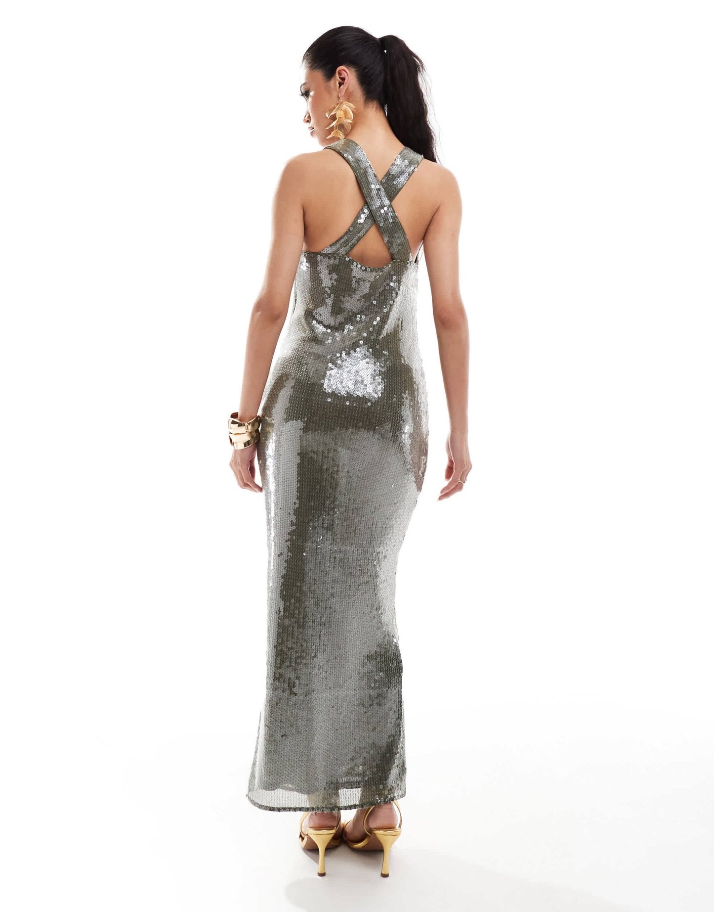 ASOS DESIGN sheer sequin super scoop neck midi dress in khaki - ASOS Sample Sale