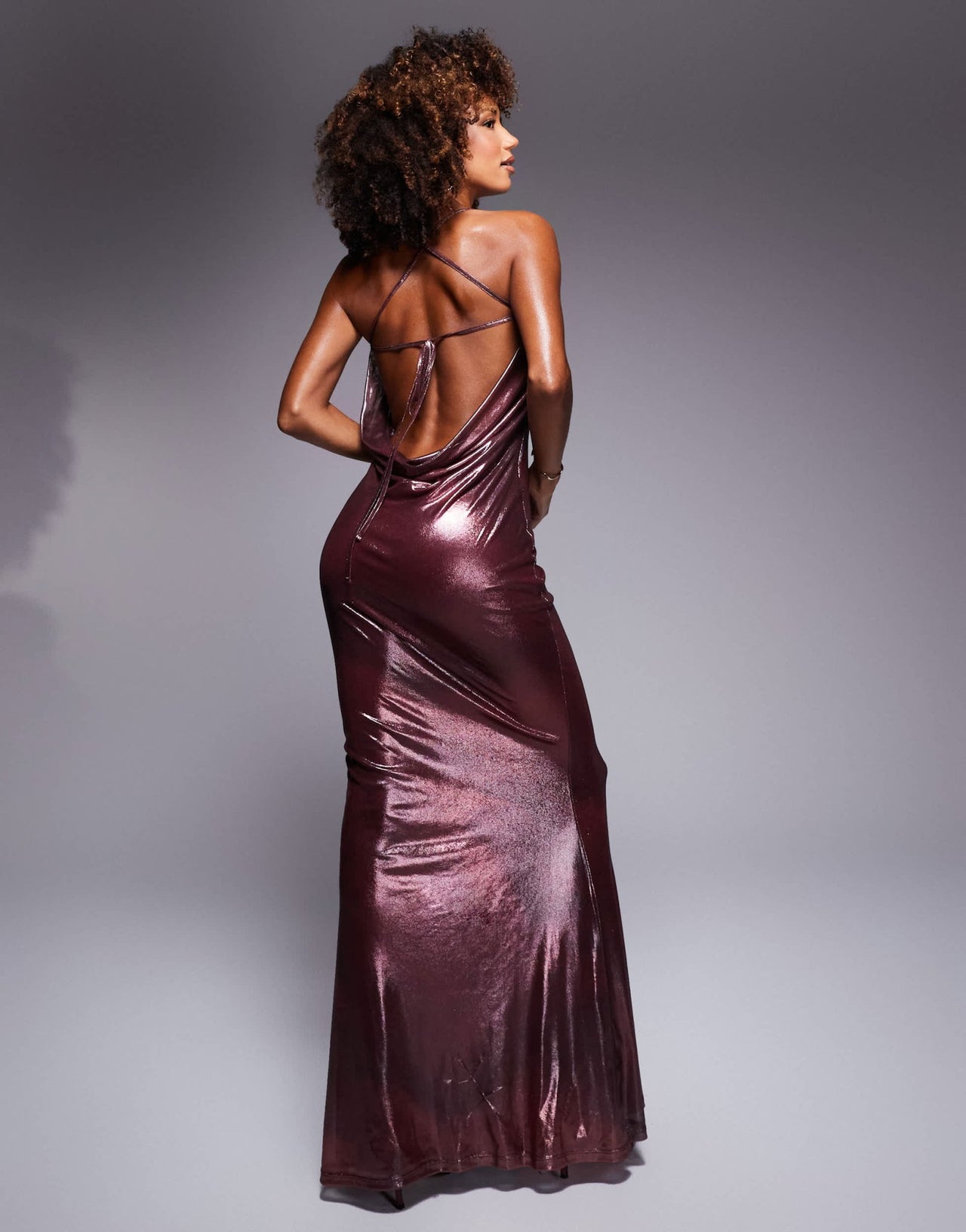 ASOS DESIGN shimmer mesh bandeau maxi dress with halter straps and cowl back detail in burgundy - ASOS Sample Sale