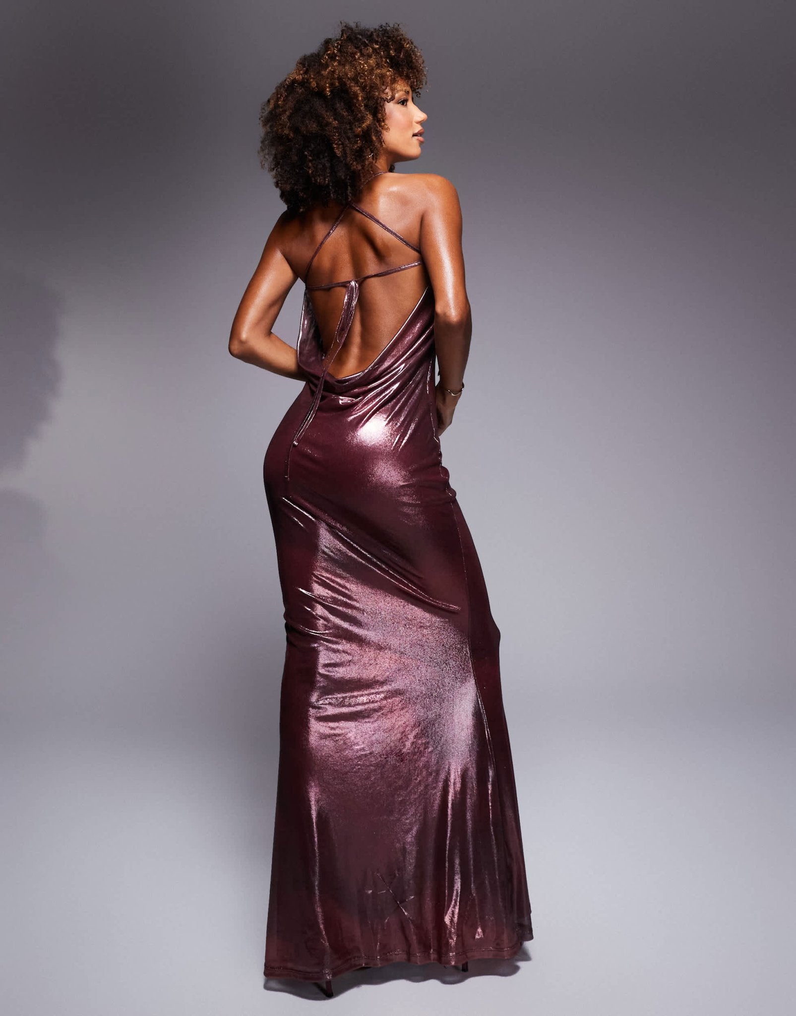 ASOS DESIGN shimmer mesh bandeau maxi dress with halter straps and cowl back detail in burgundy - ASOS Sample Sale