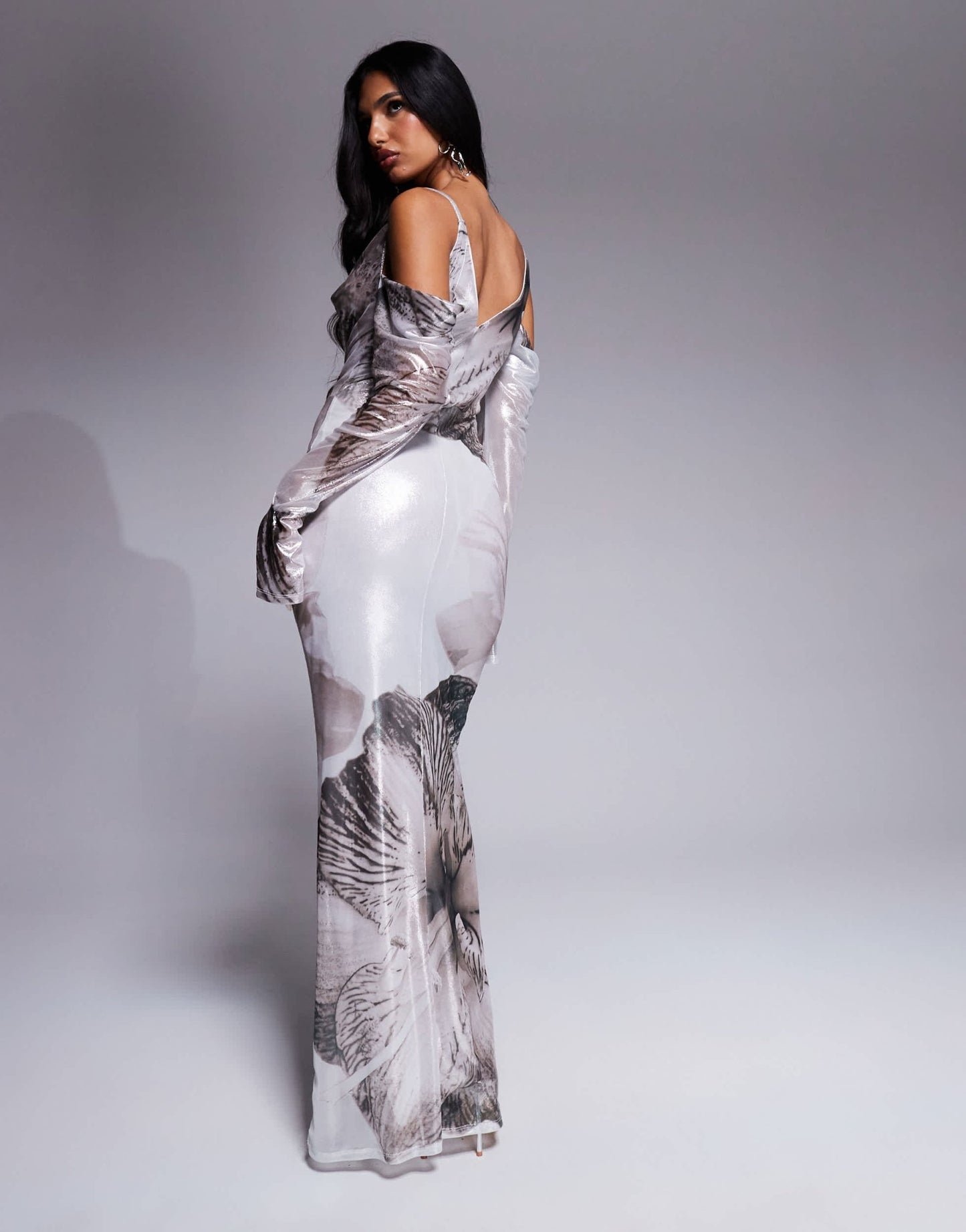 ASOS DESIGN shimmer plunge cowl neck maxi dress with tie detail and long sleeves in neutral floral print - ASOS Sample Sale