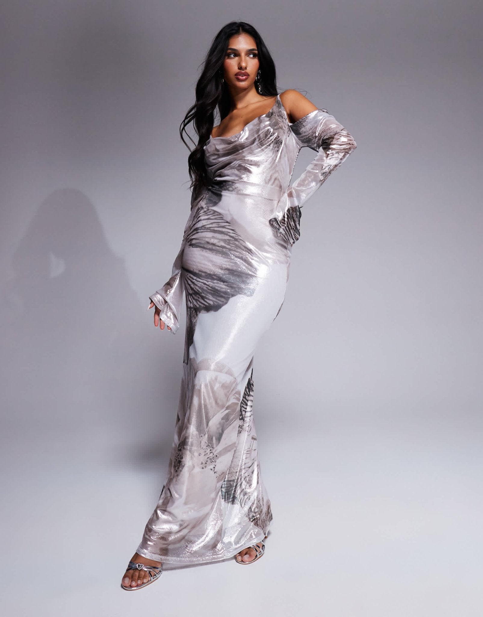 ASOS DESIGN shimmer plunge cowl neck maxi dress with tie detail and long sleeves in neutral floral print - ASOS Sample Sale