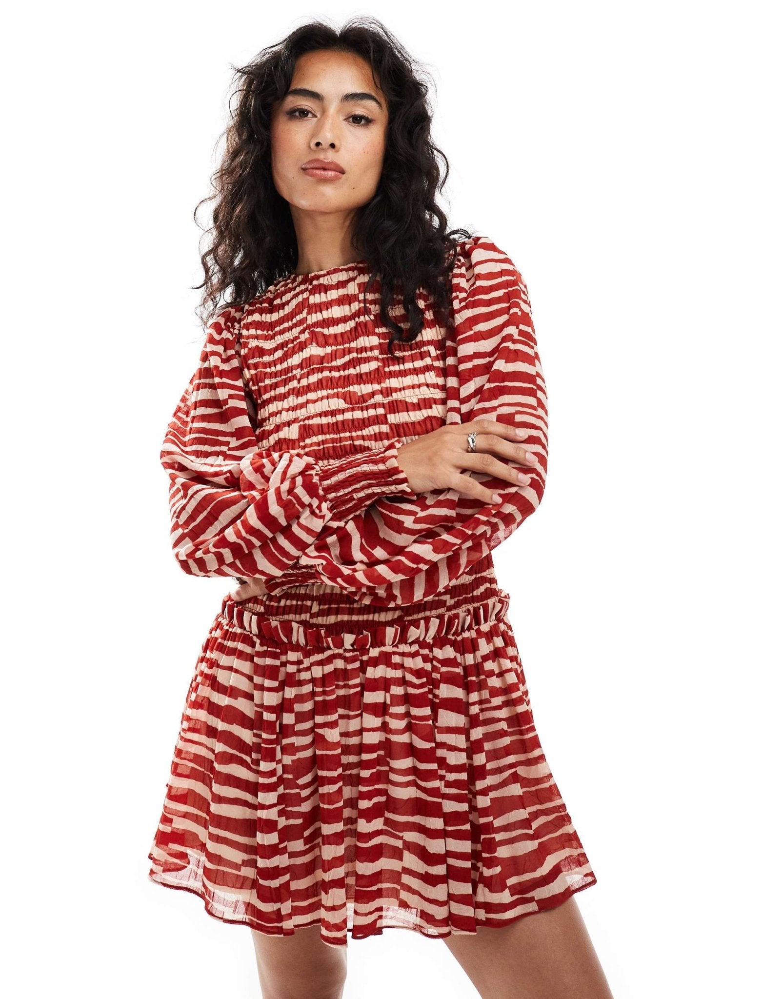 ASOS DESIGN shirred bodice tie up back mini dress in red abstract print - ASOS Sample Sale