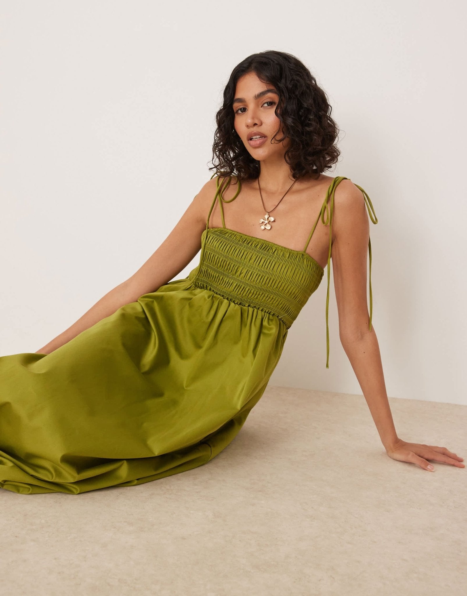 ASOS DESIGN shirred bust cotton poplin midi dress in khaki - ASOS Sample Sale