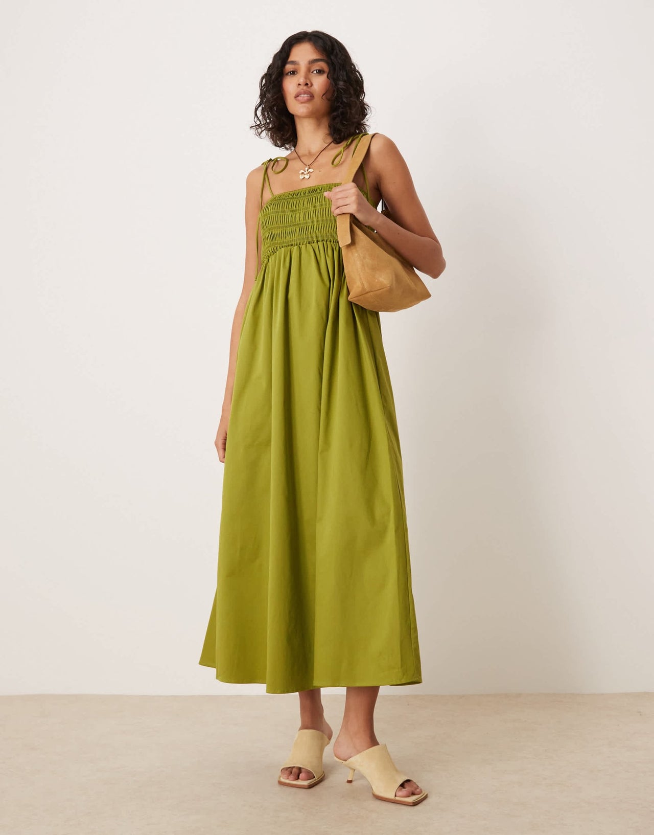 ASOS DESIGN shirred bust cotton poplin midi dress in khaki - ASOS Sample Sale