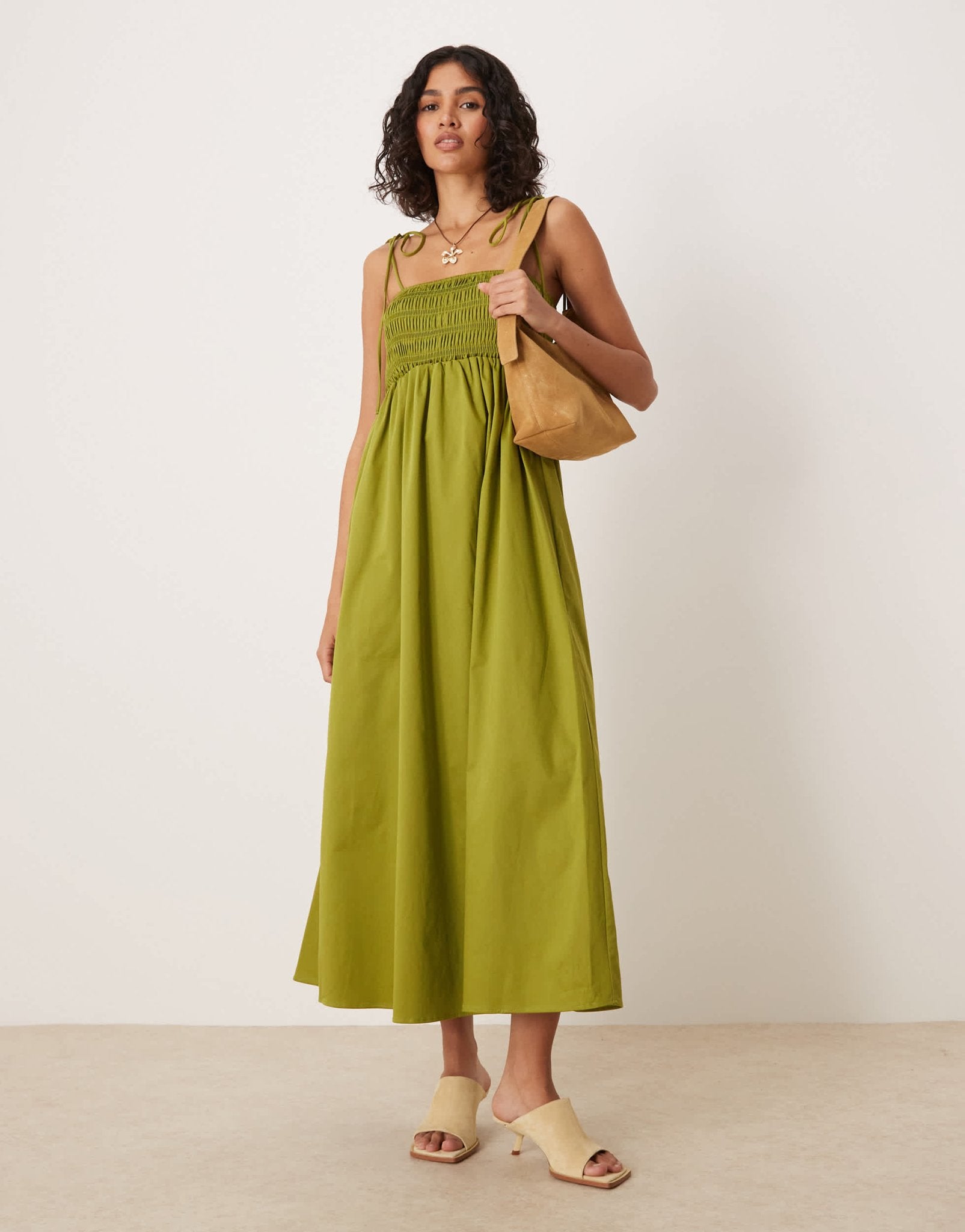 ASOS DESIGN shirred bust cotton poplin midi dress in khaki - ASOS Sample Sale