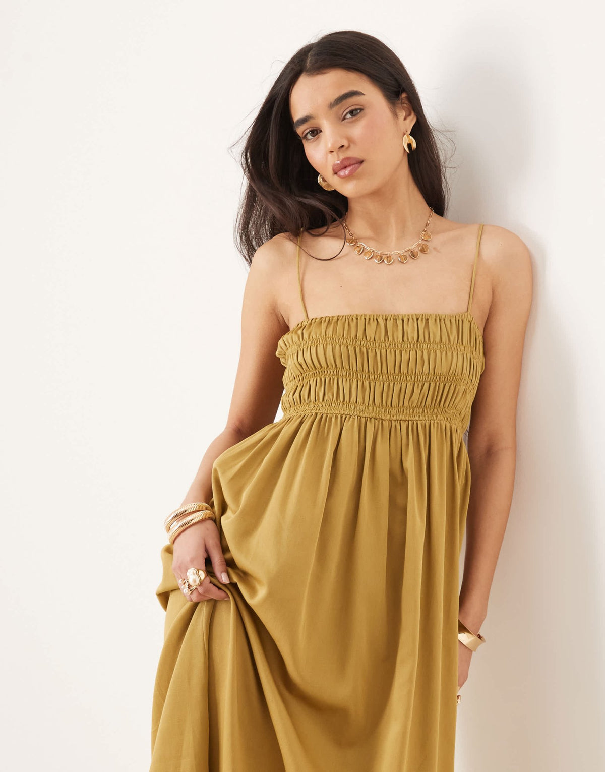 ASOS DESIGN shirred bust cotton sateen maxi dress in moss - ASOS Sample Sale