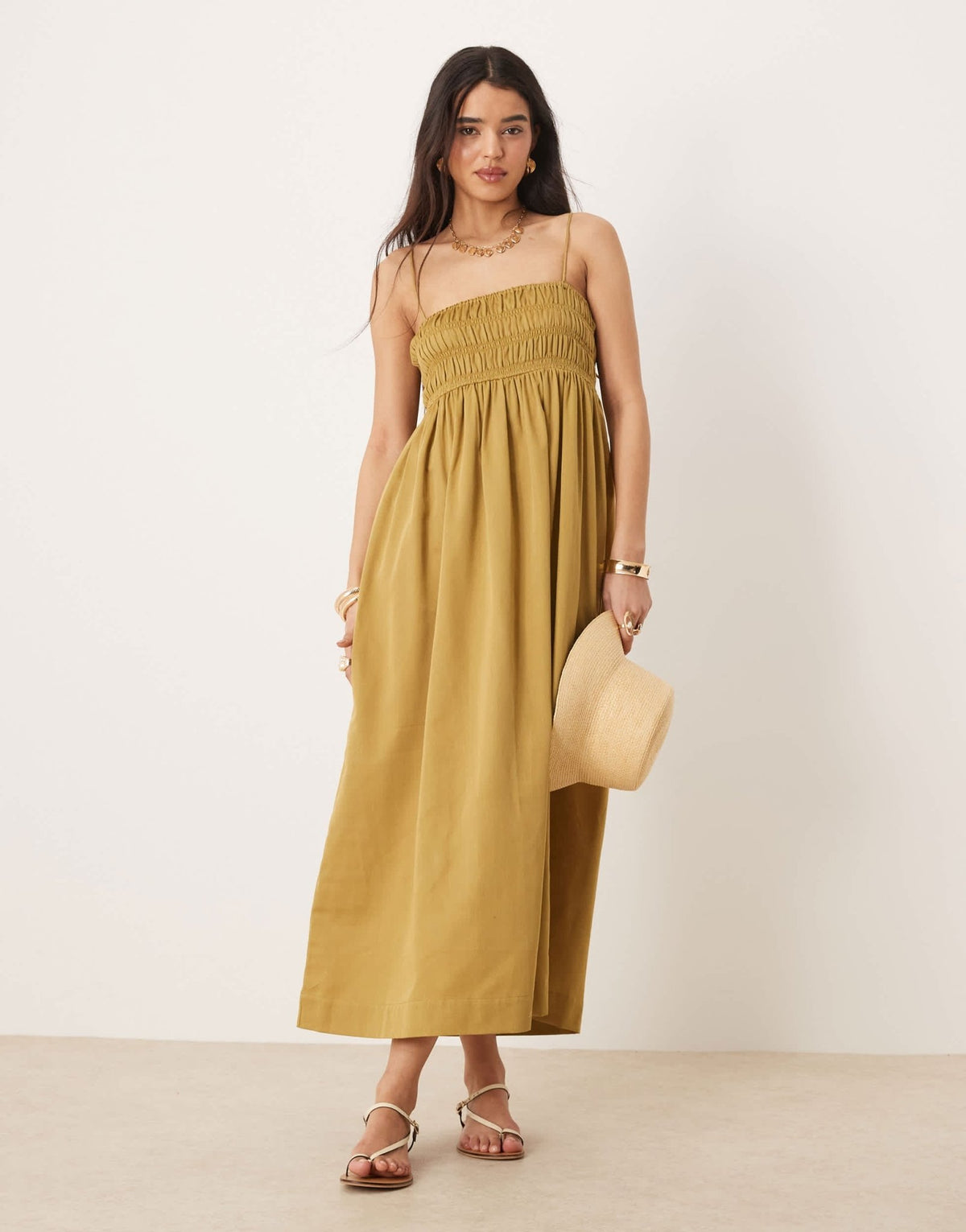 ASOS DESIGN shirred bust cotton sateen maxi dress in moss - ASOS Sample Sale