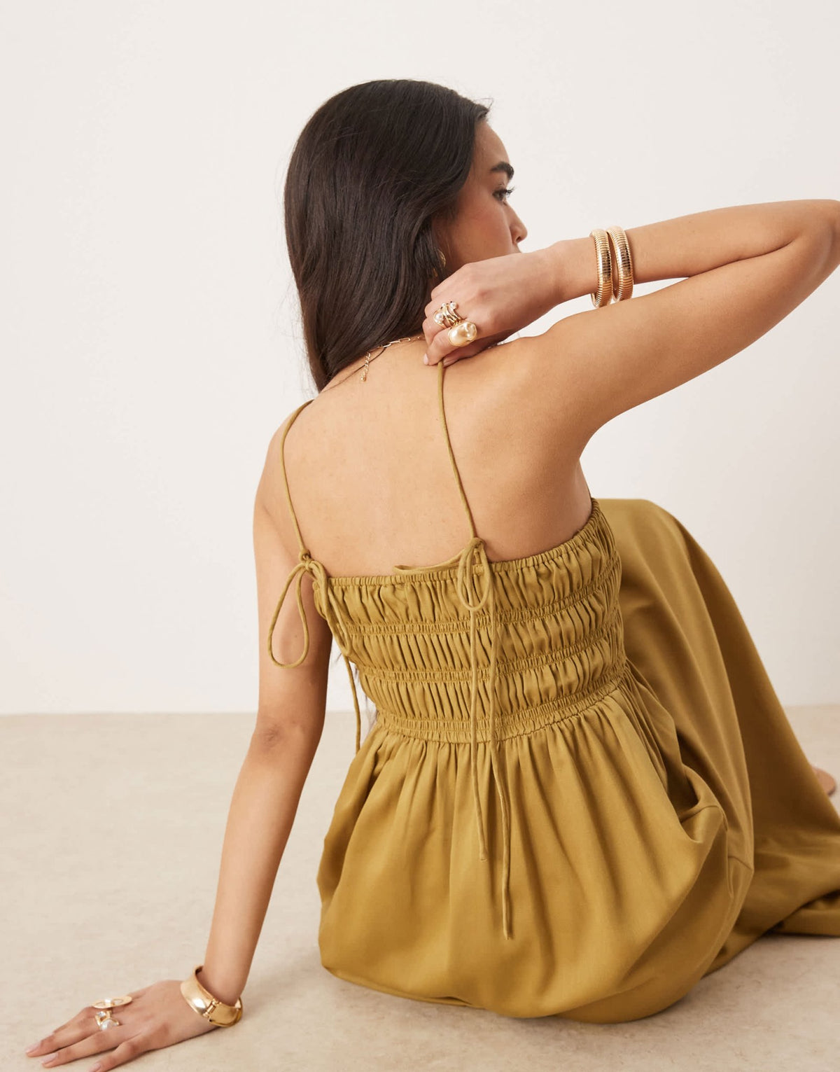 ASOS DESIGN shirred bust cotton sateen maxi dress in moss - ASOS Sample Sale