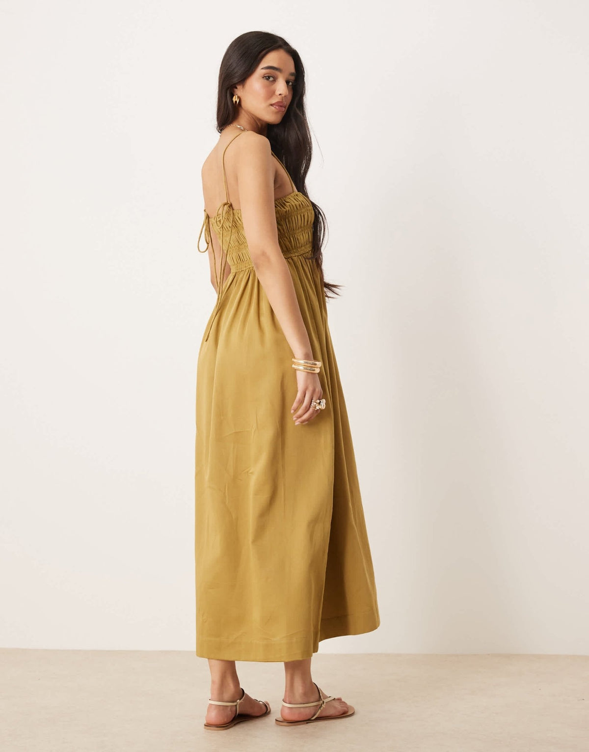 ASOS DESIGN shirred bust cotton sateen maxi dress in moss - ASOS Sample Sale