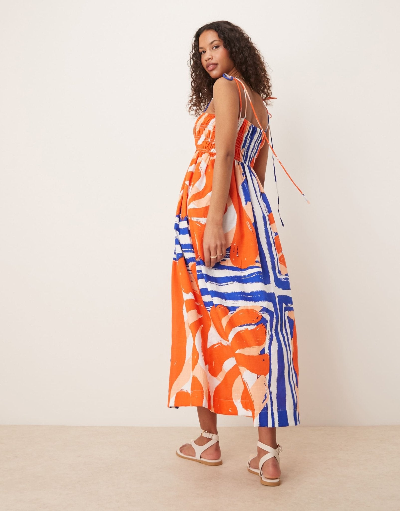 ASOS DESIGN shirred bust cotton sateen maxi dress in red and blue abst