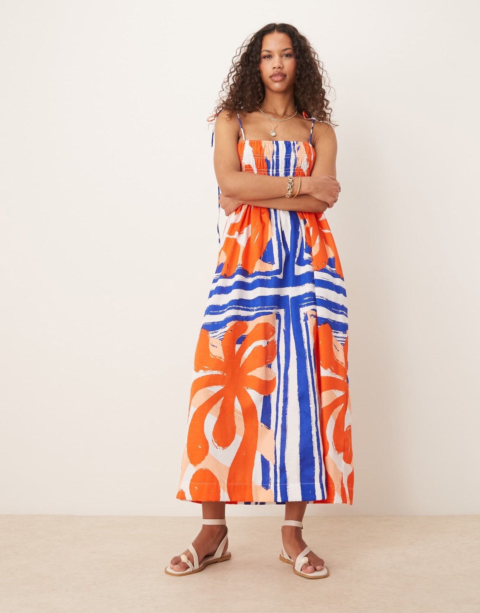 ASOS DESIGN shirred bust cotton sateen maxi dress in red and blue abstract print - ASOS Sample Sale