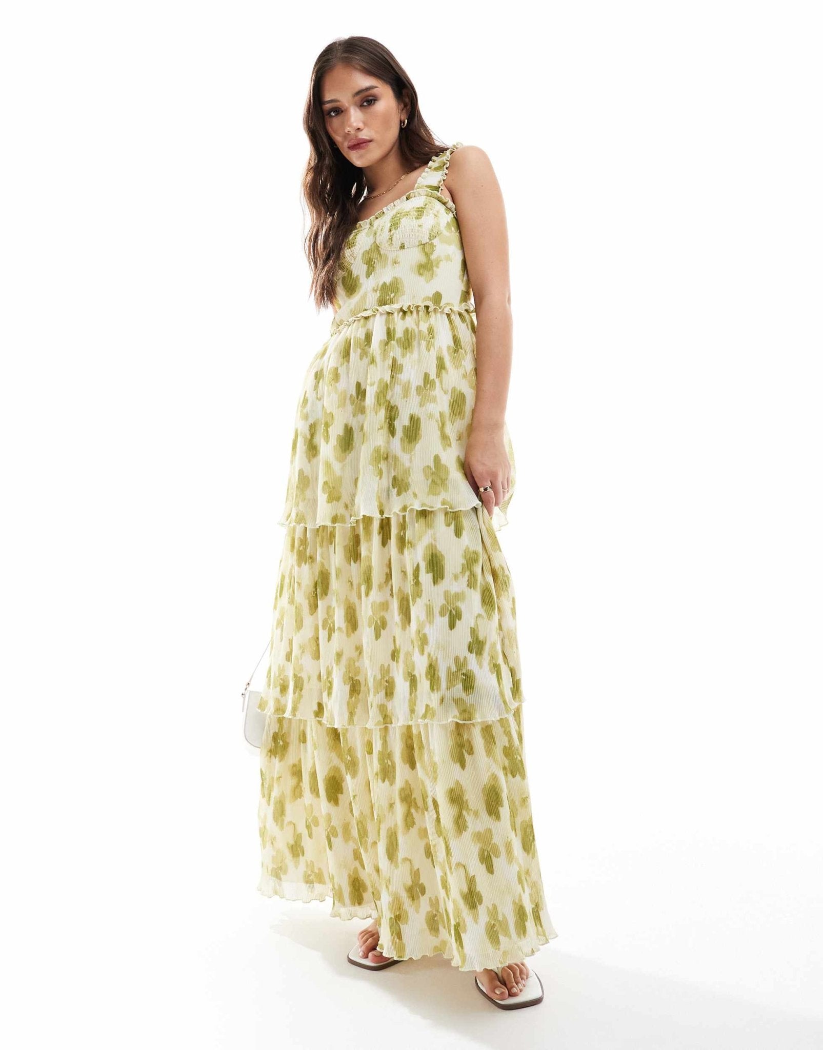 ASOS DESIGN shirred bust micro pleat thick strap tiered maxi dress in green blurred floral print - ASOS Sample Sale