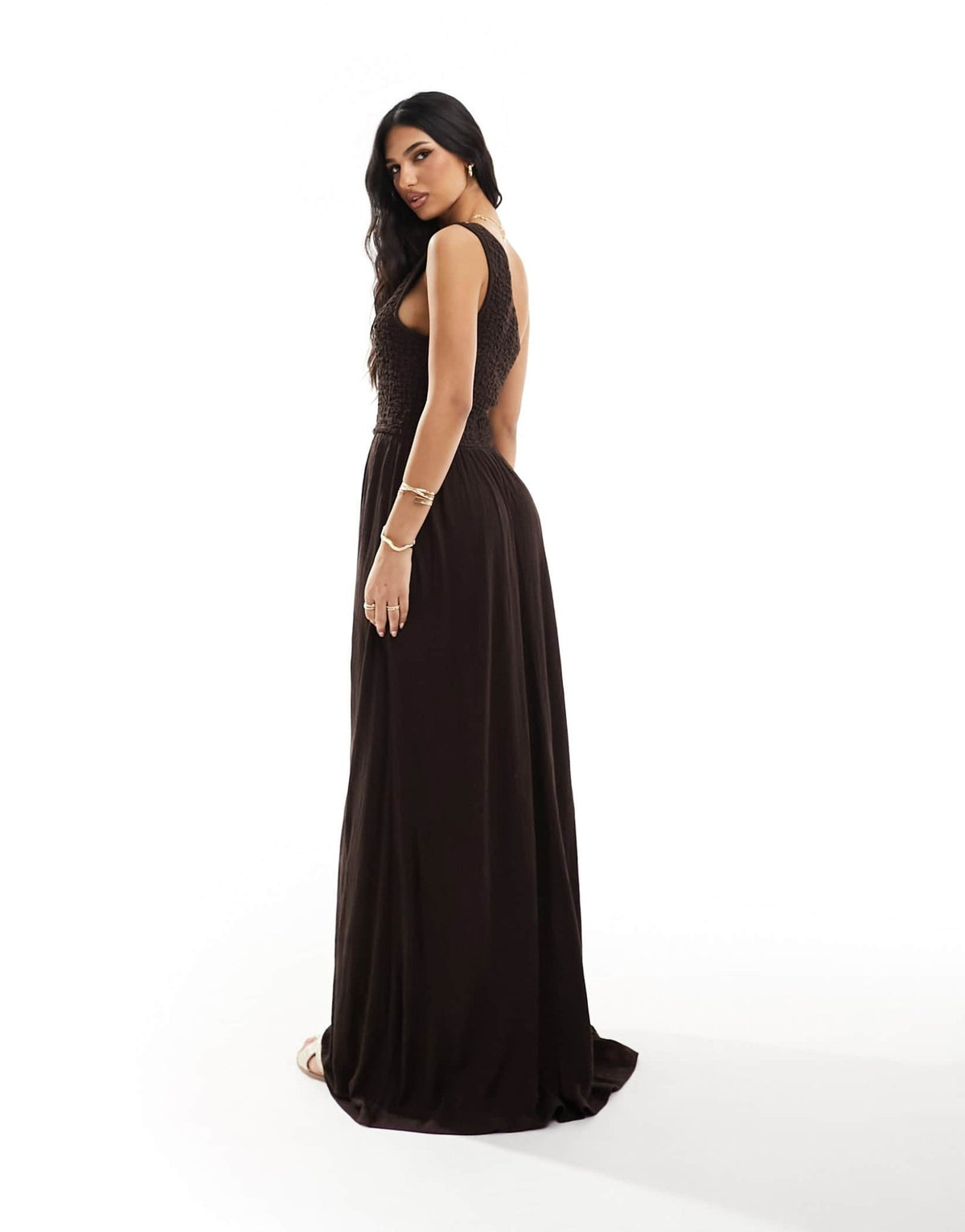 ASOS DESIGN shirred crinkle one shoulder maxi dress in chocolate - ASOS Sample Sale