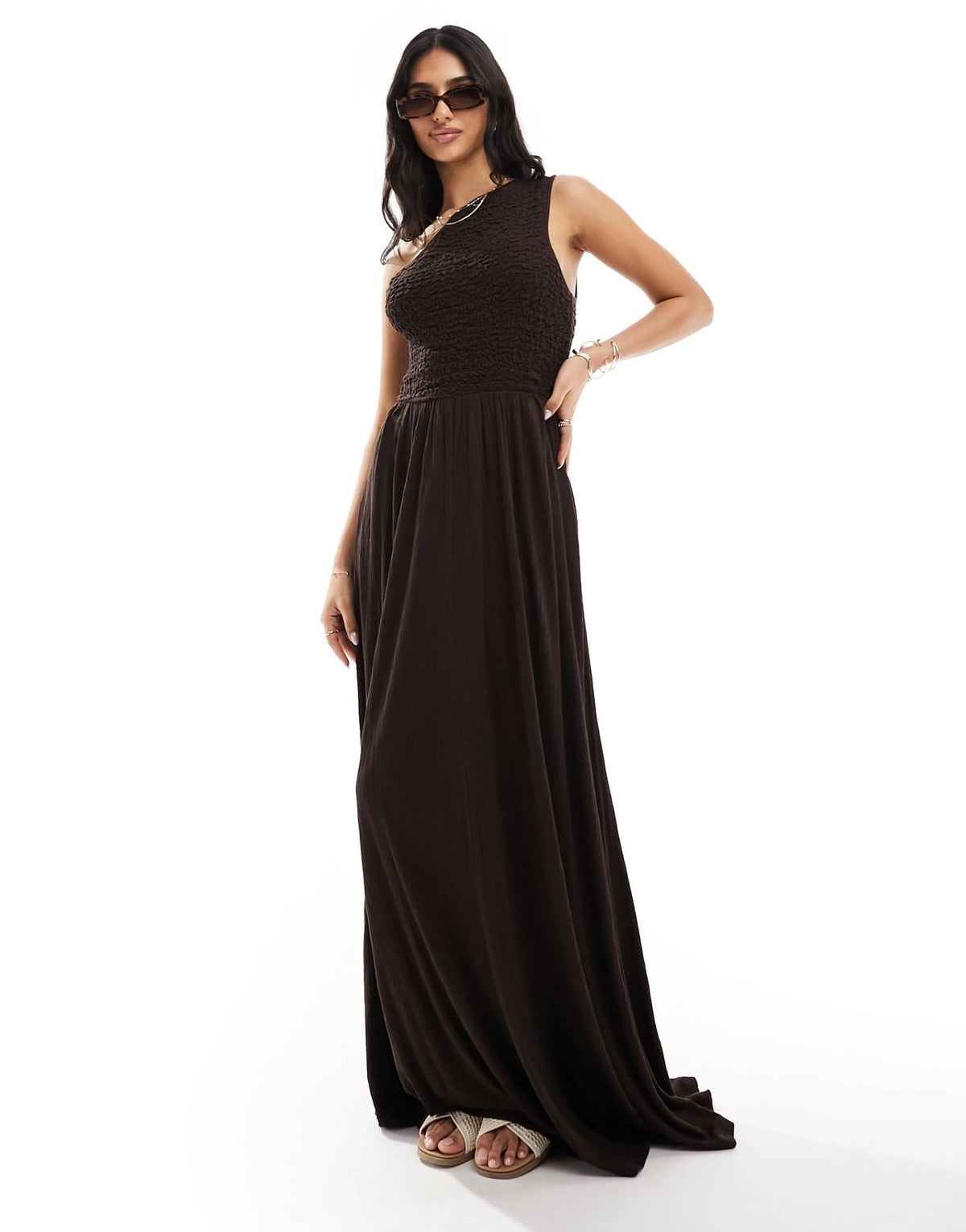 ASOS DESIGN shirred crinkle one shoulder maxi dress in chocolate - ASOS Sample Sale