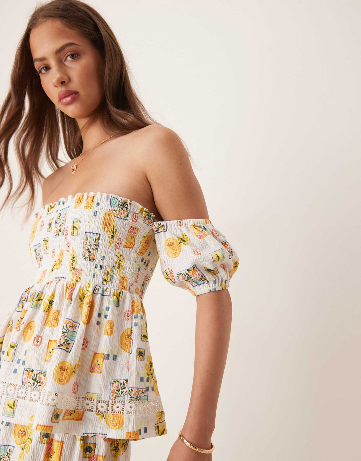 ASOS DESIGN shirred detail bardot top in postcard print - ASOS Sample Sale