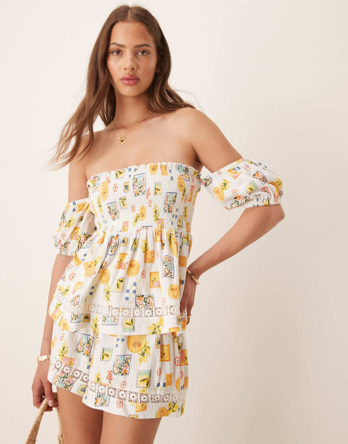 ASOS DESIGN shirred detail bardot top in postcard print - ASOS Sample Sale