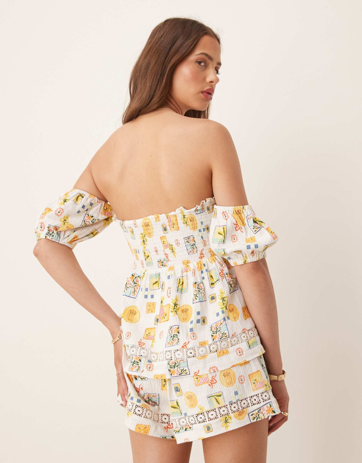 ASOS DESIGN shirred detail bardot top in postcard print - ASOS Sample Sale