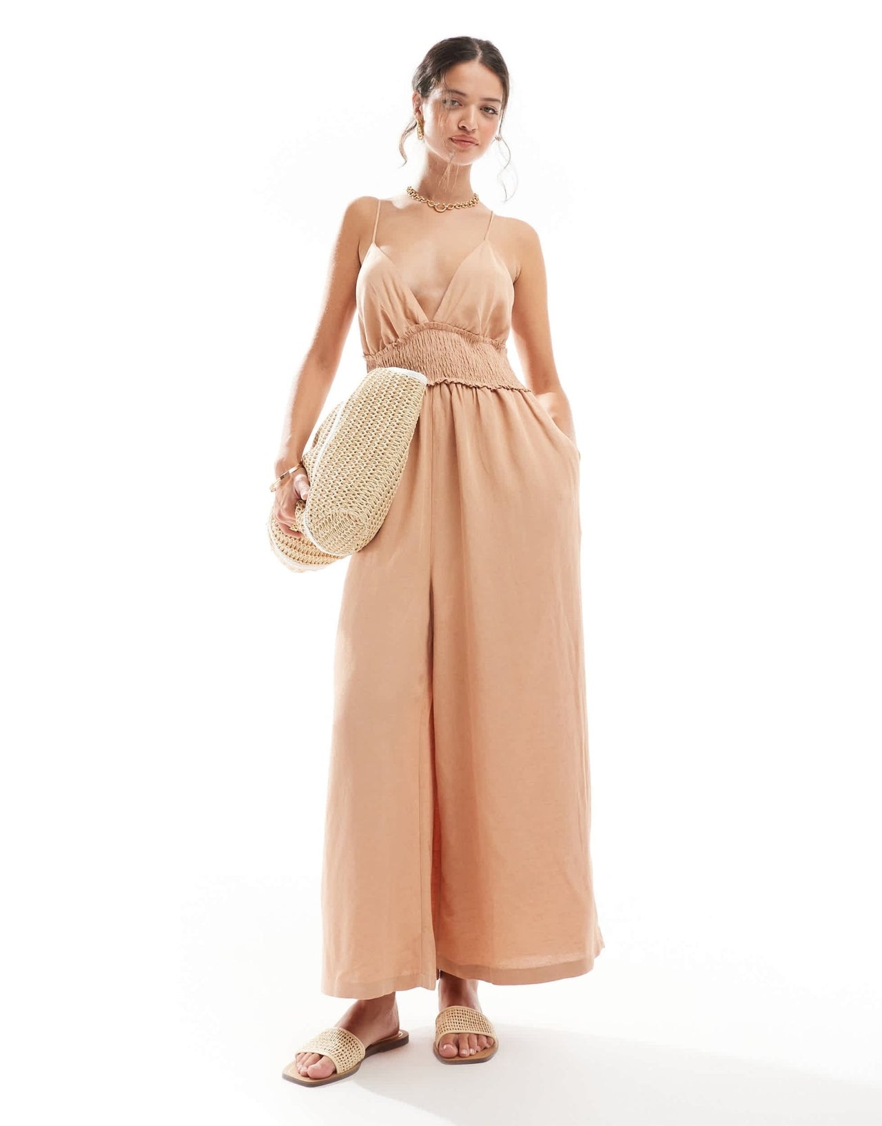 ASOS DESIGN shirred linen cami jumpsuit with wide culotte leg in biscuit - ASOS Sample Sale