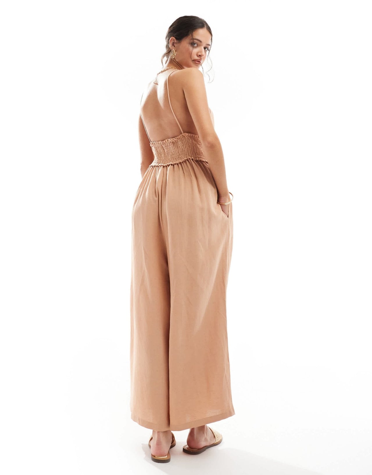 ASOS DESIGN shirred linen cami jumpsuit with wide culotte leg in biscuit - ASOS Sample Sale
