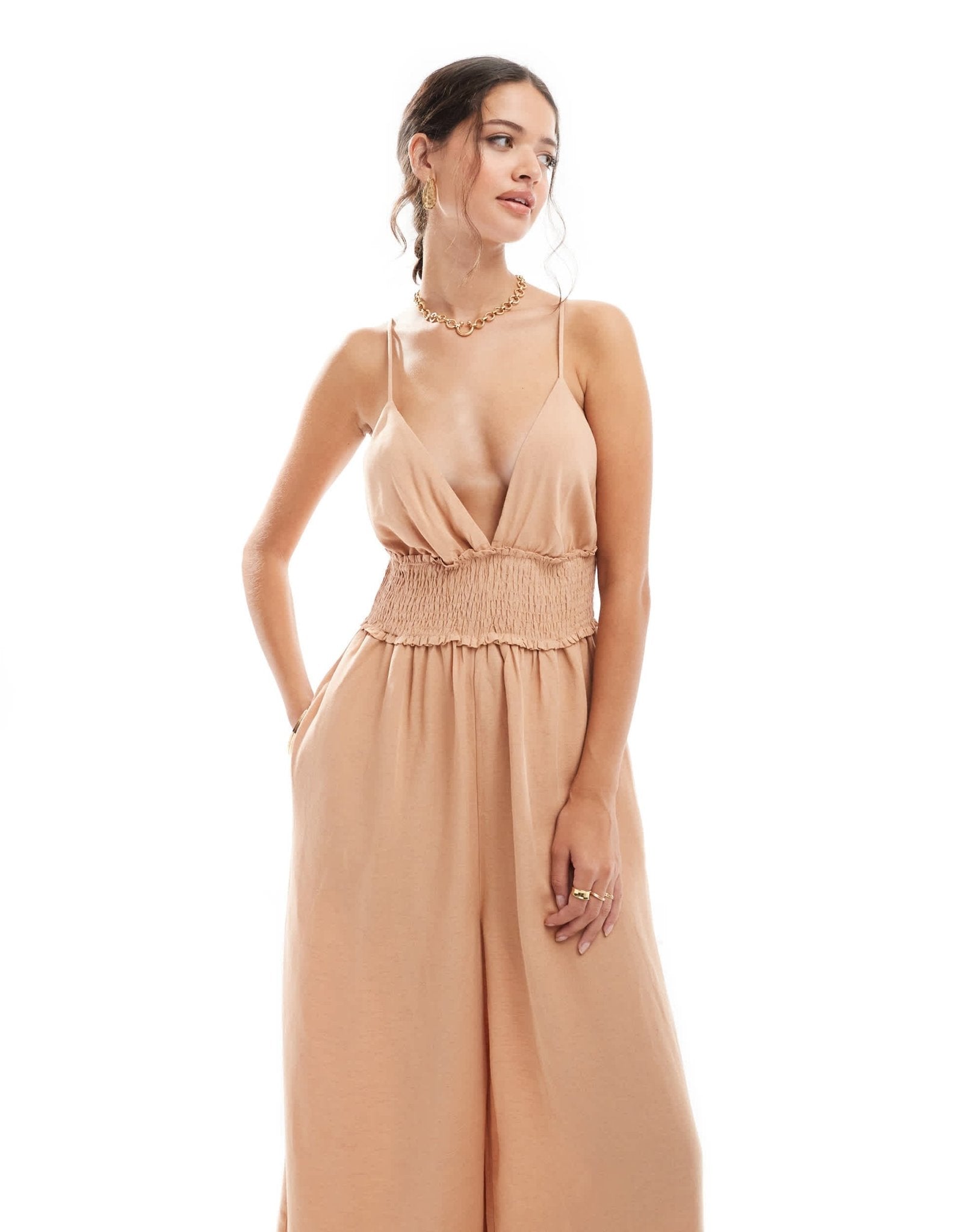 ASOS DESIGN shirred linen cami jumpsuit with wide culotte leg in biscuit - ASOS Sample Sale