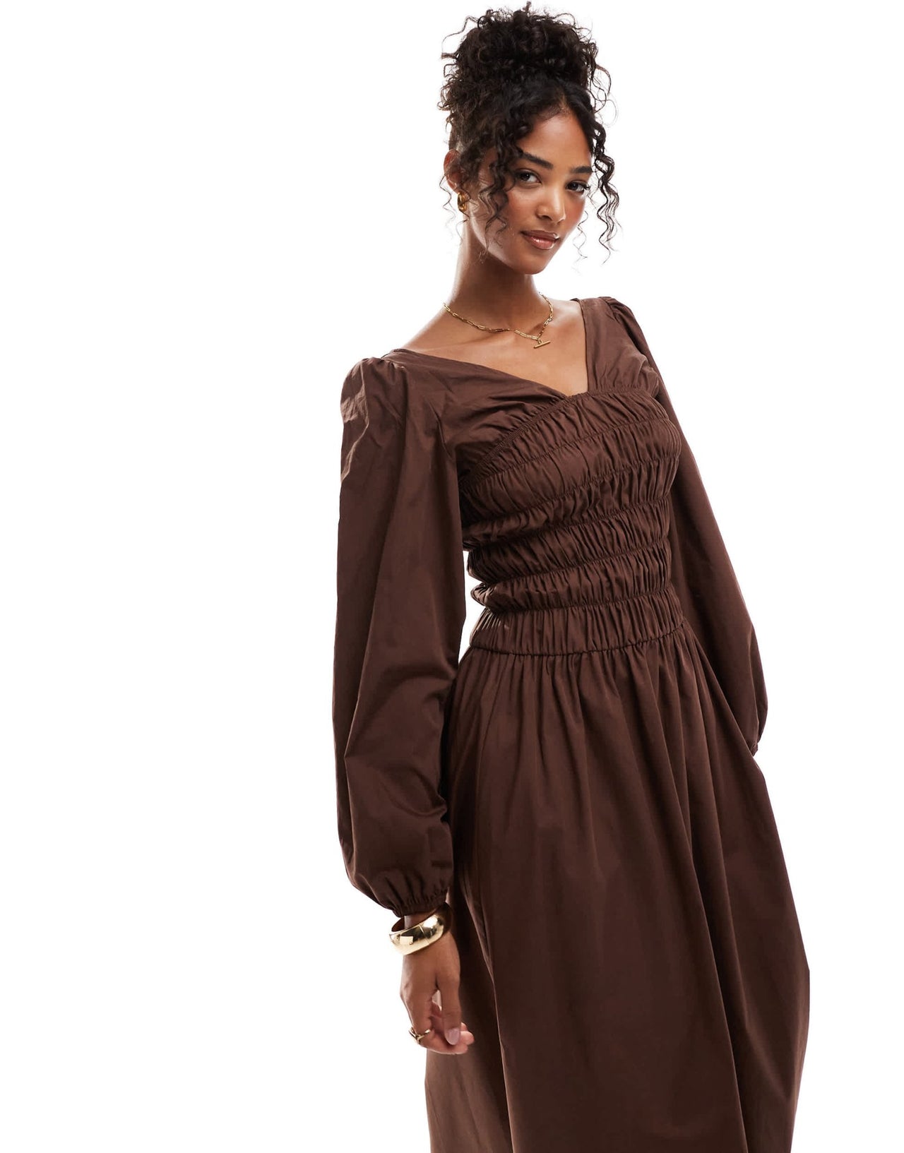 ASOS DESIGN shirred long sleeve maxi dress in chocolate - ASOS Sample Sale