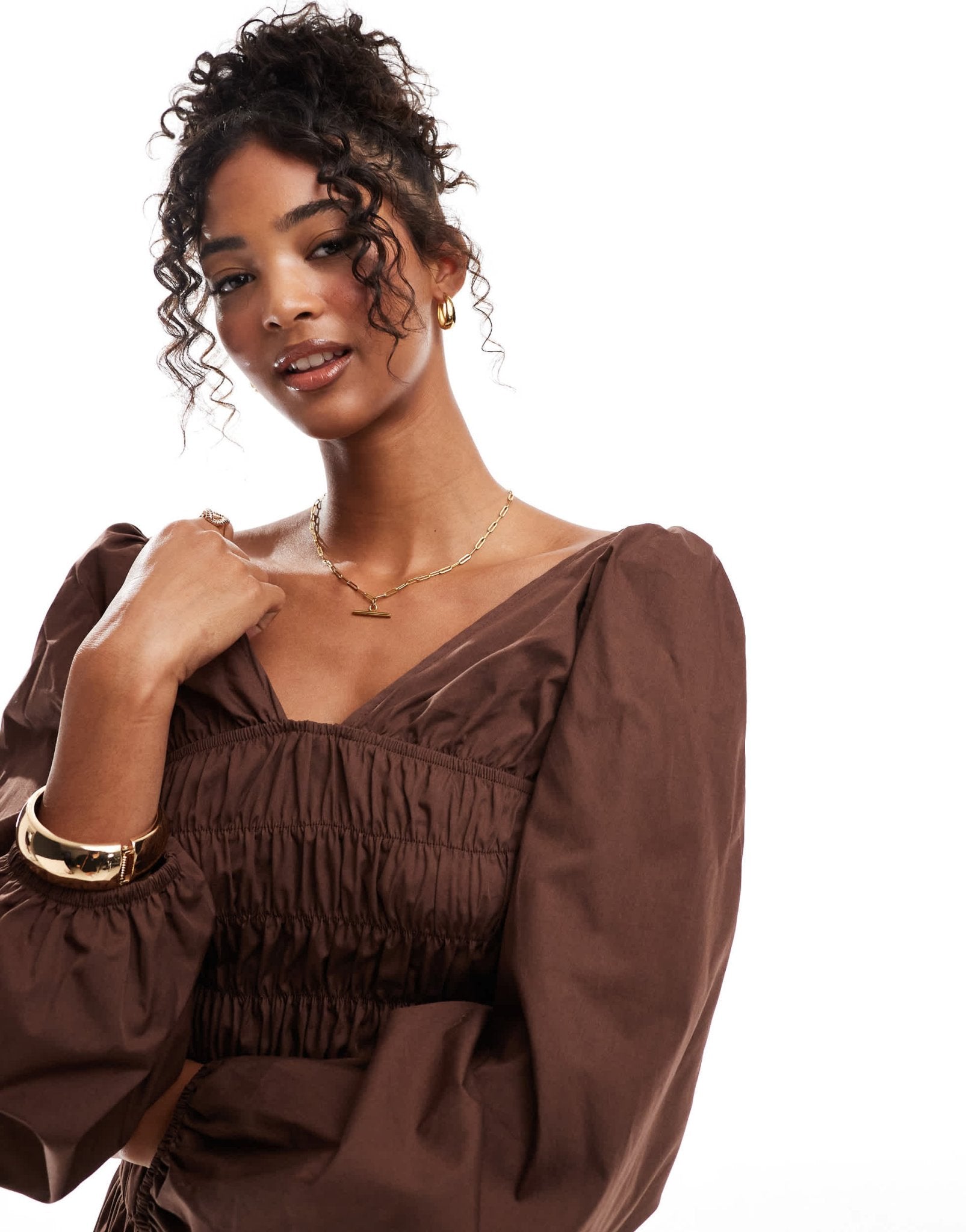 ASOS DESIGN shirred long sleeve maxi dress in chocolate - ASOS Sample Sale