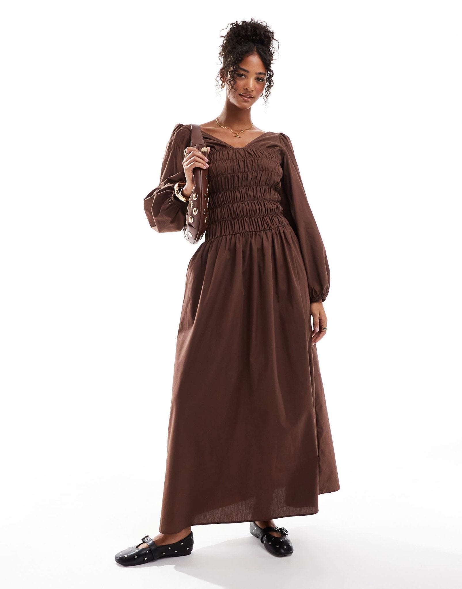 ASOS DESIGN shirred long sleeve maxi dress in chocolate - ASOS Sample Sale