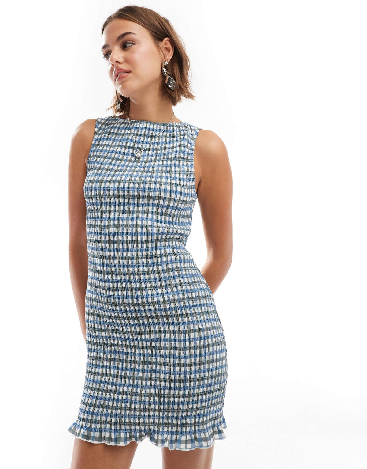 ASOS DESIGN shirred slash neck mini dress in check print - ASOS Sample Sale