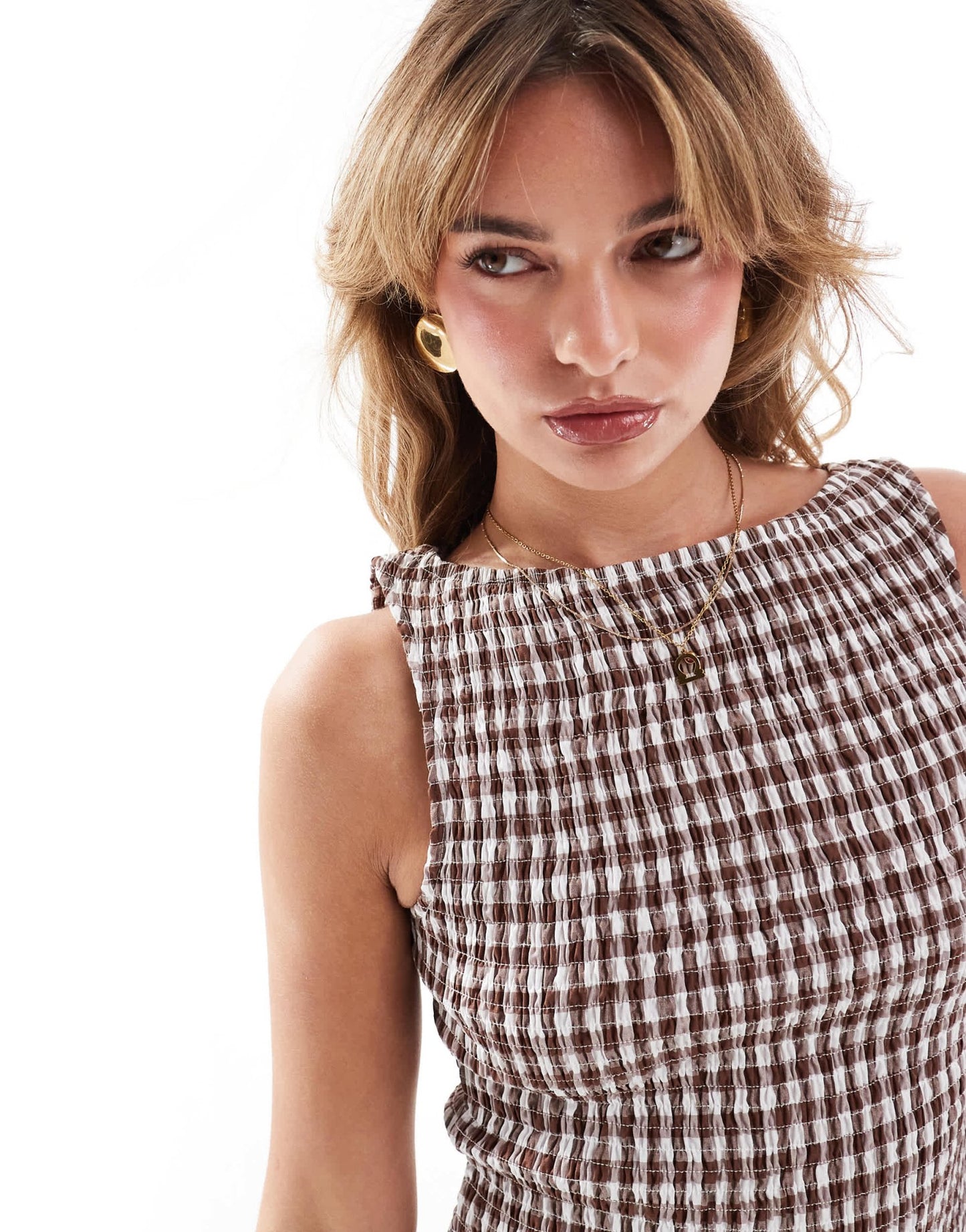 ASOS DESIGN shirred slash neck top co ord in brown gingham - ASOS Sample Sale