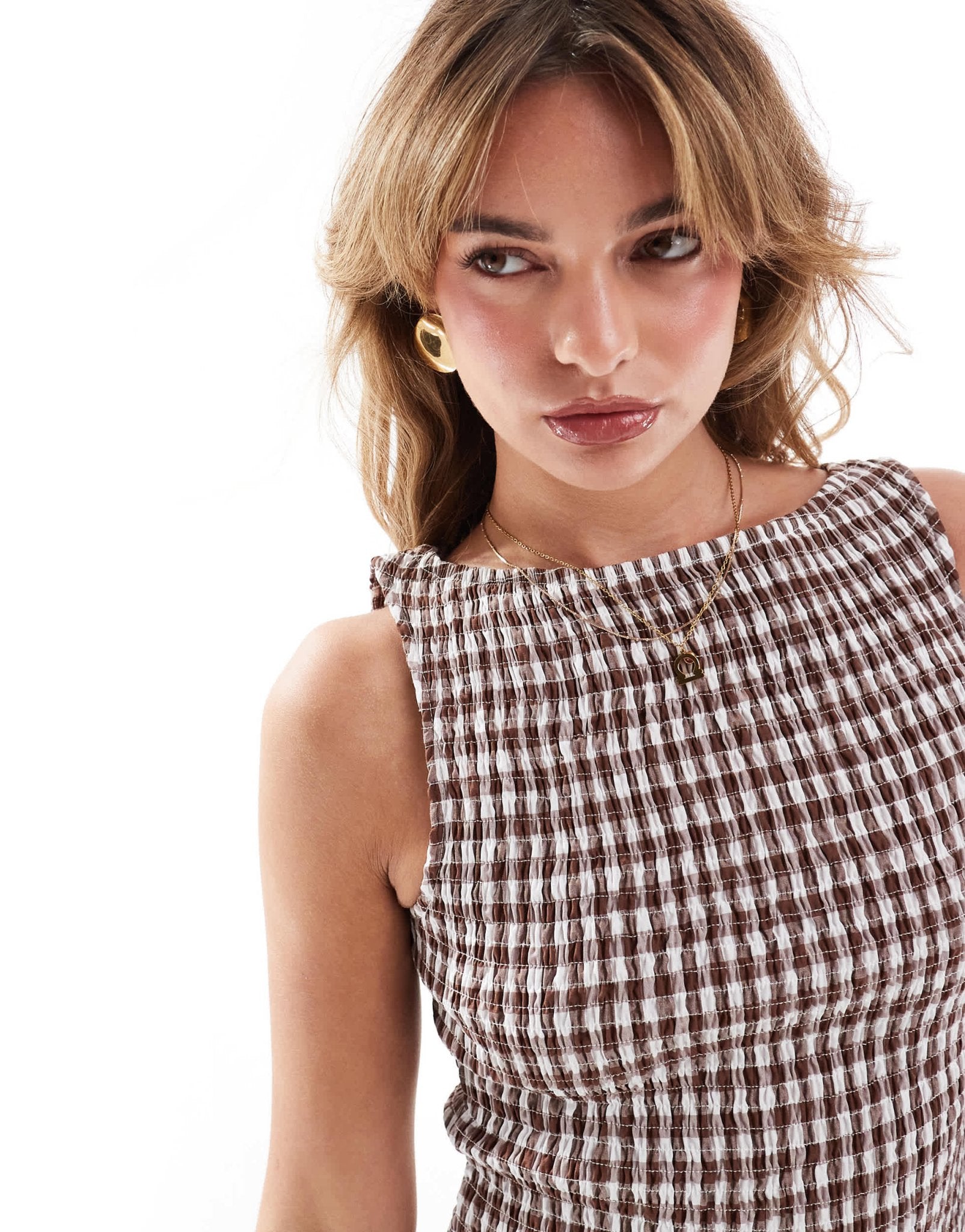 ASOS DESIGN shirred slash neck top co ord in brown gingham - ASOS Sample Sale