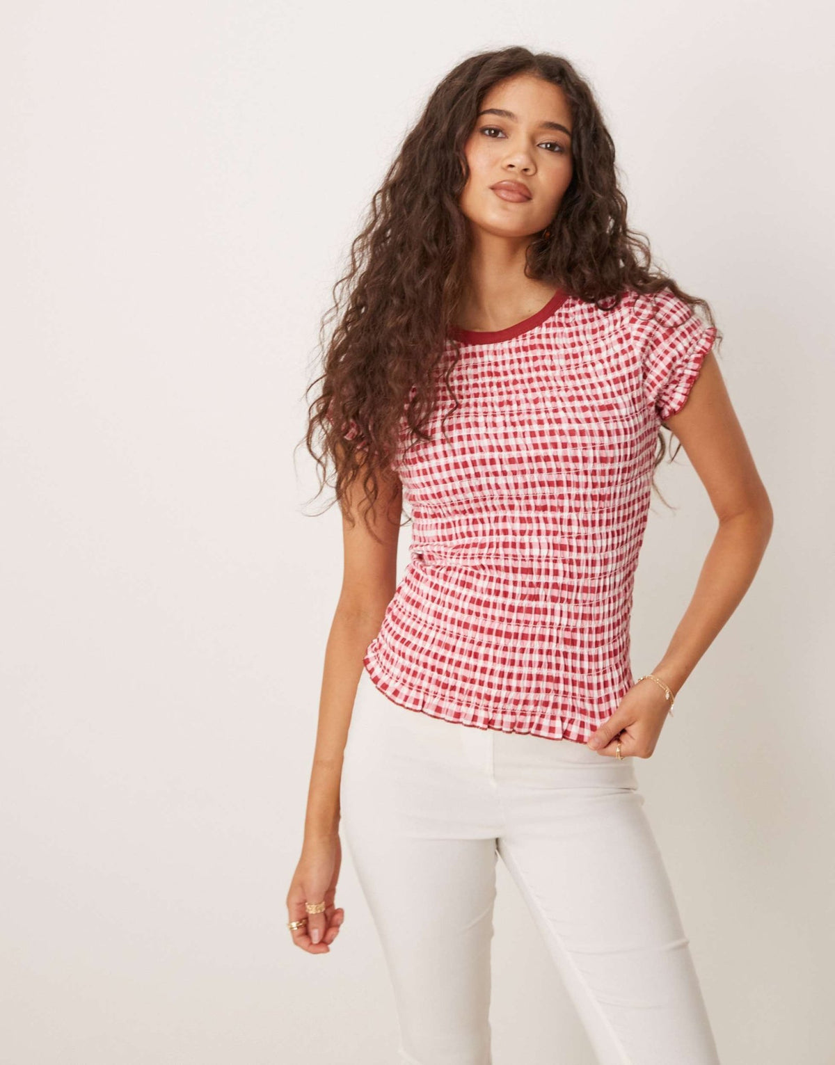 ASOS DESIGN shirred t-shirt in red gingham - ASOS Sample Sale