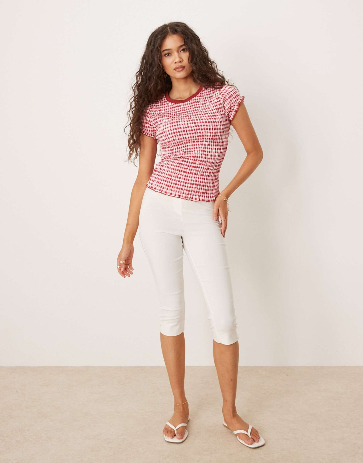 ASOS DESIGN shirred t-shirt in red gingham - ASOS Sample Sale
