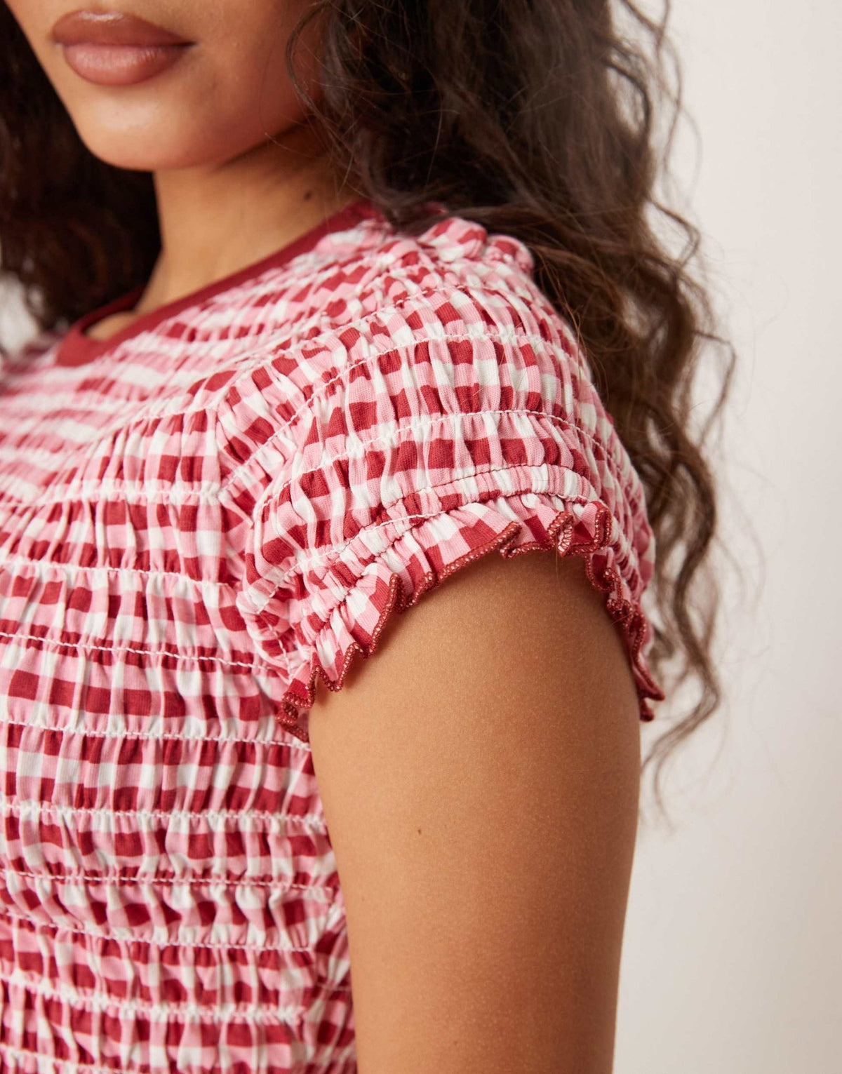ASOS DESIGN shirred t-shirt in red gingham - ASOS Sample Sale