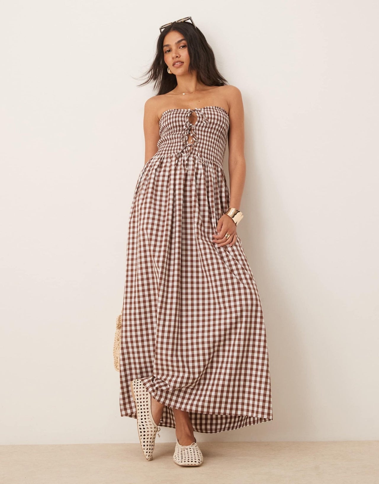 ASOS DESIGN shirred tie front bandeau maxi dress in chocolate gingham - ASOS Sample Sale