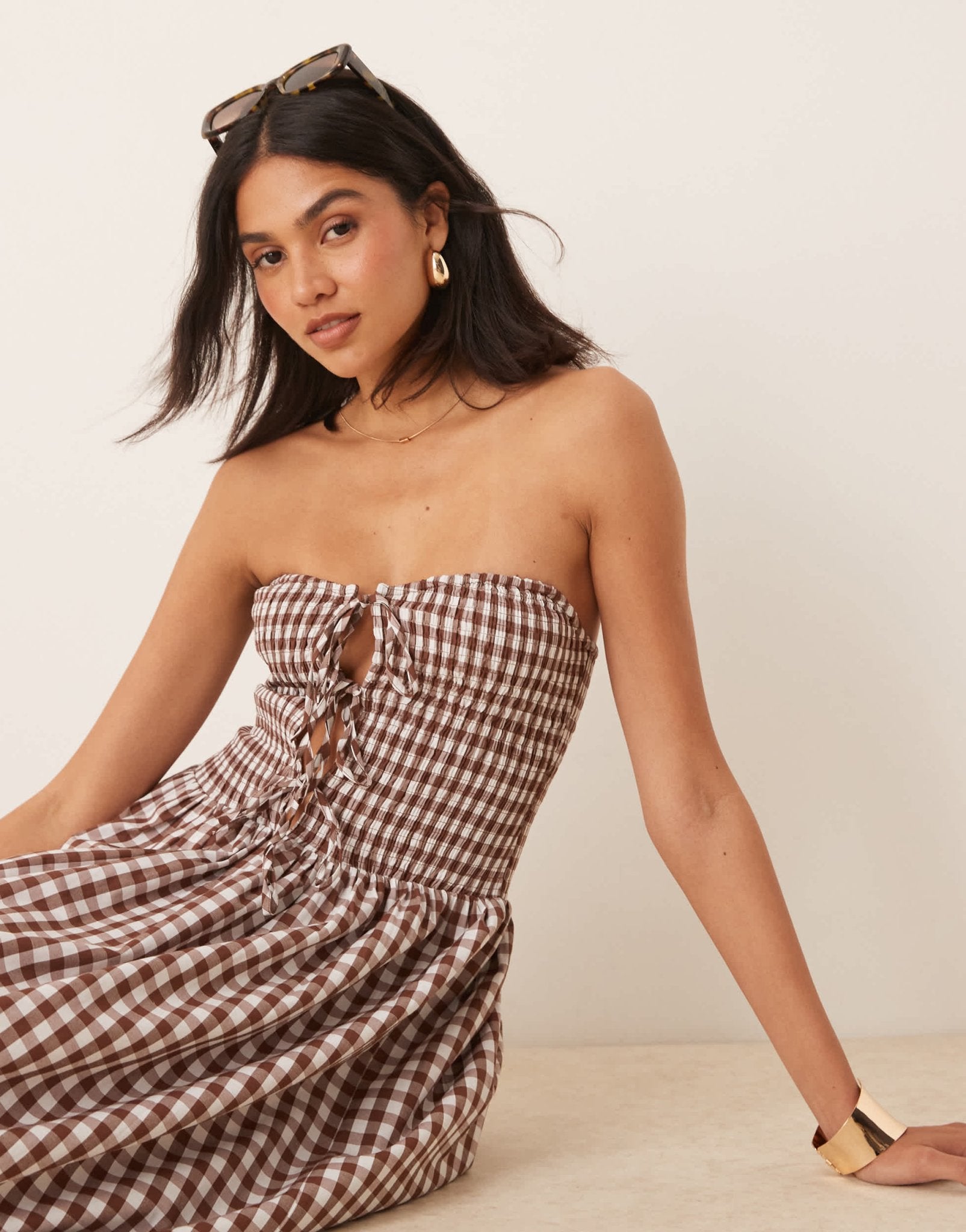 ASOS DESIGN shirred tie front bandeau maxi dress in chocolate gingham - ASOS Sample Sale