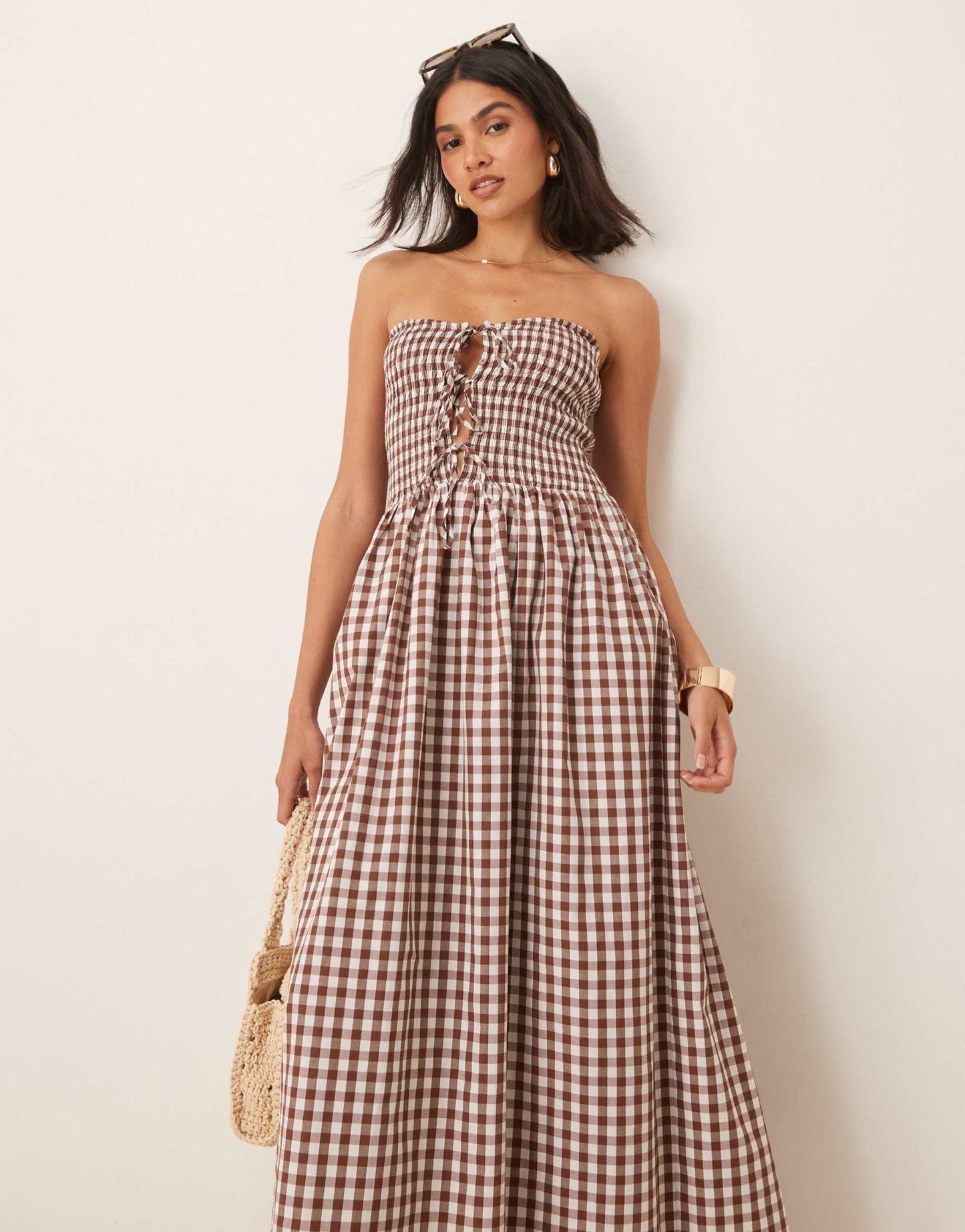 ASOS DESIGN shirred tie front bandeau maxi dress in chocolate gingham - ASOS Sample Sale