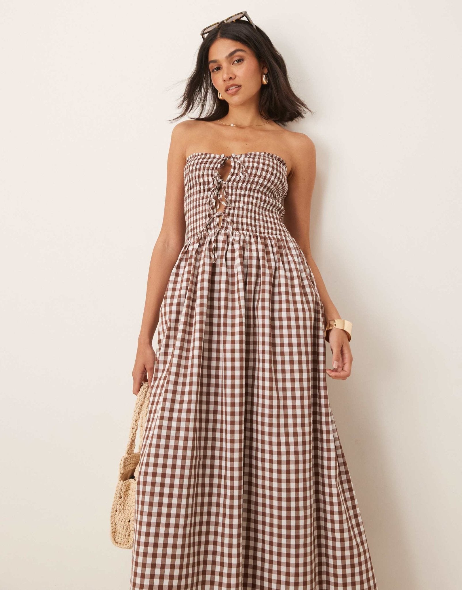 ASOS DESIGN shirred tie front bandeau maxi dress in chocolate gingham - ASOS Sample Sale